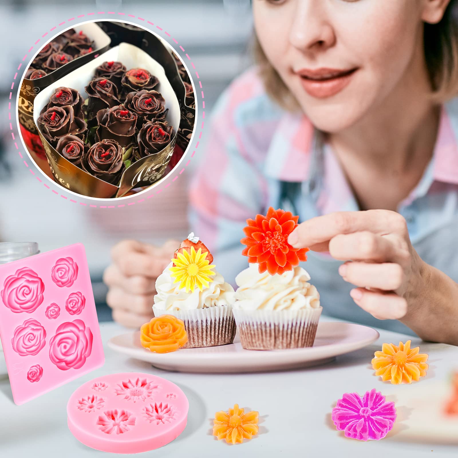 Molde Silicona FCKEMLDS Mini Molde De Silicona Para Flores De Margaritas, Moldes De Flores De Peonía De Rosas Para Decoración De Pasteles De Flores, Decoración De Cupcakes, Caramelo De Chocolate, Pasta De