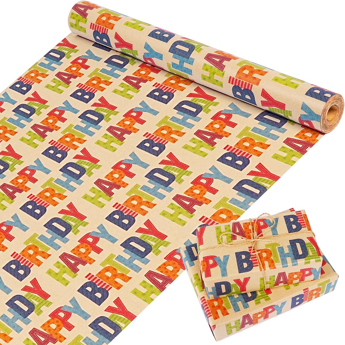 Kraft Birthday Wrapping Paper Roll, Colorful Gift Wrapping Paper Jumbo Roll, Happy Birthday Wrapping Paper for Kids Boys Girls Men Women, Kraft Gift Wrapping Paper for Birthday Party, 17Inch×49Feet