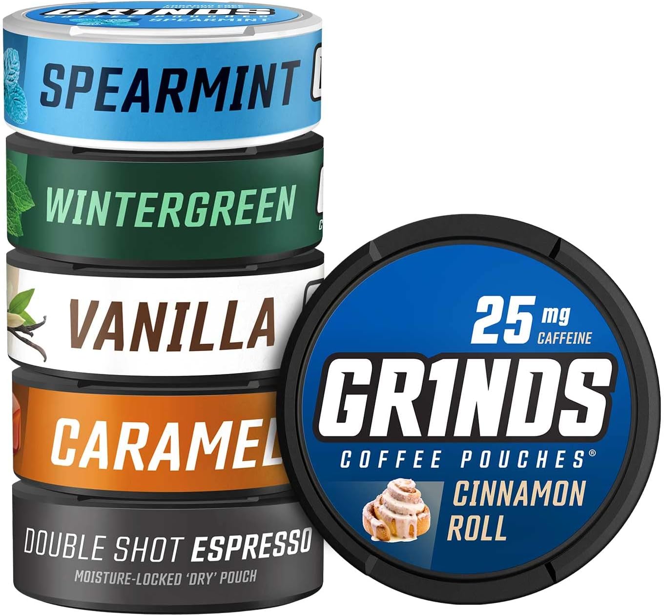 Grinds Coffee Pouches 6 Can Sampler Caramel, Black Coffee, Cinnamon