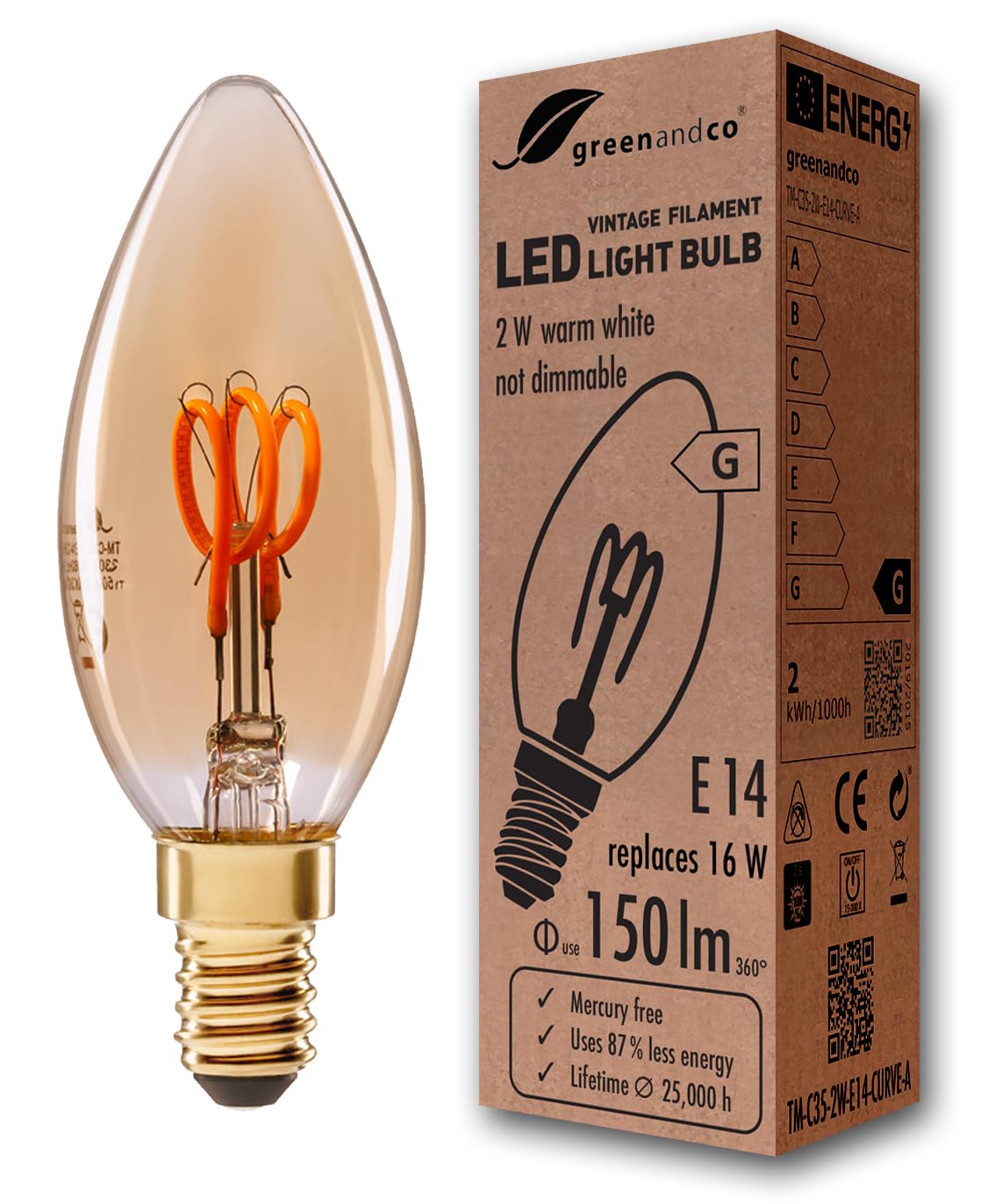 greenandco Vintage Glühfaden LED Kerze | gold | E14 C35 | 2W 150lm | 2000K extra warmweiß | 360° | 230V | flimmerfrei | nicht dimmbar