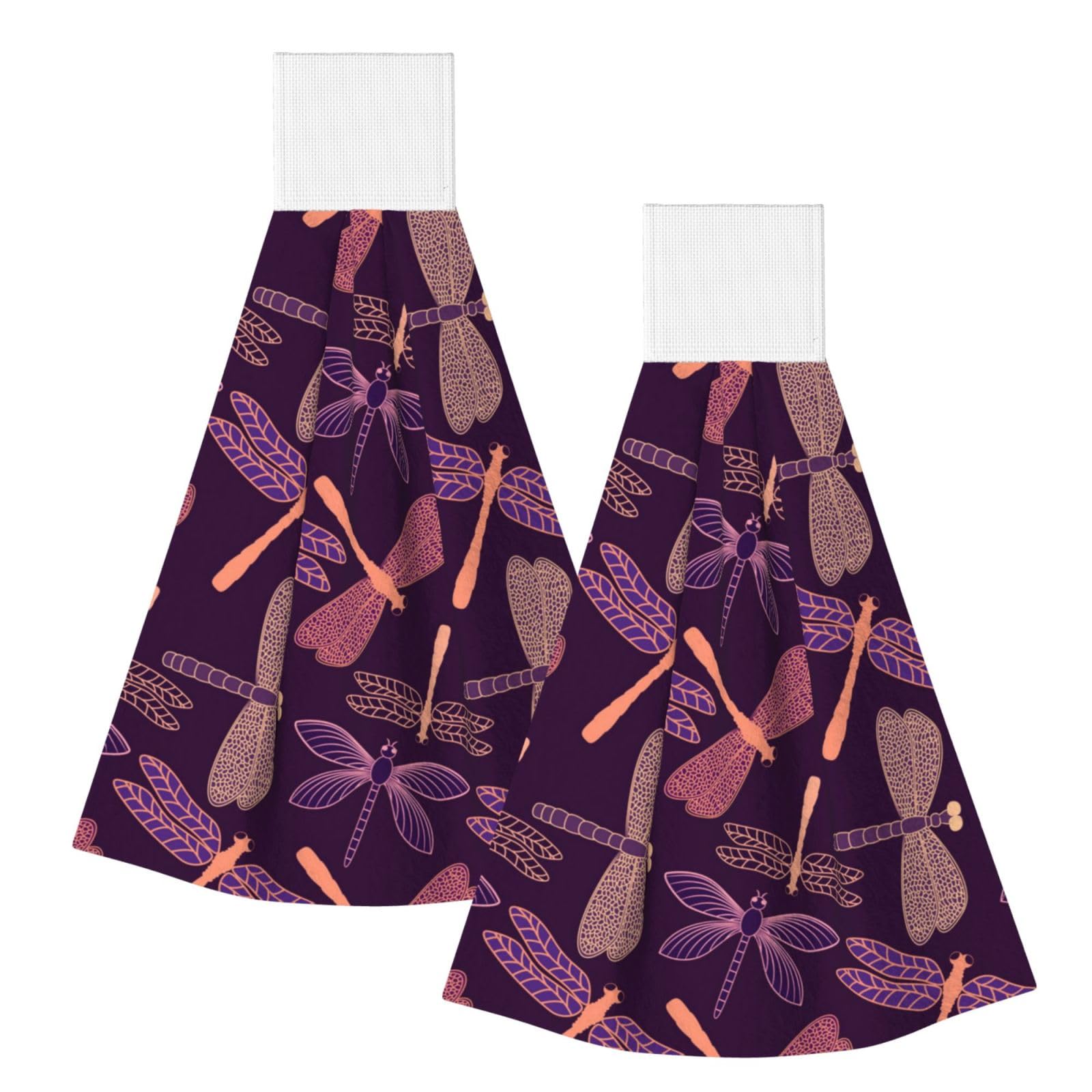 DOPKLNA Purple Dragonfly, 2 Pcs Hanging Coral Fiber Hand Towels for Bathroom, Absorbent Kitchen Towels