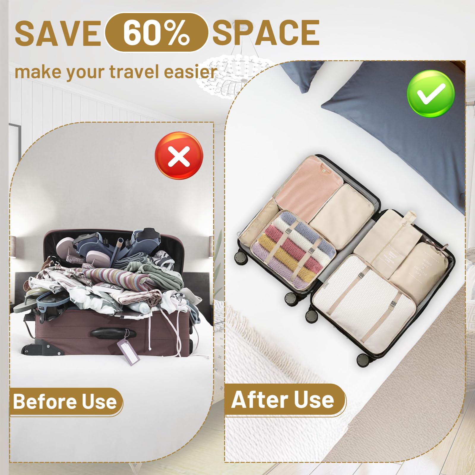 Sac Rangement Valise 12 Pièces – Organisateur Valise Imperméables avec Sacs à Vêtements,Sacs à Chaussures,Trousse de Toilette,etc.| Beige | Gain de Place pour Vacances et Voyages d’Affaires