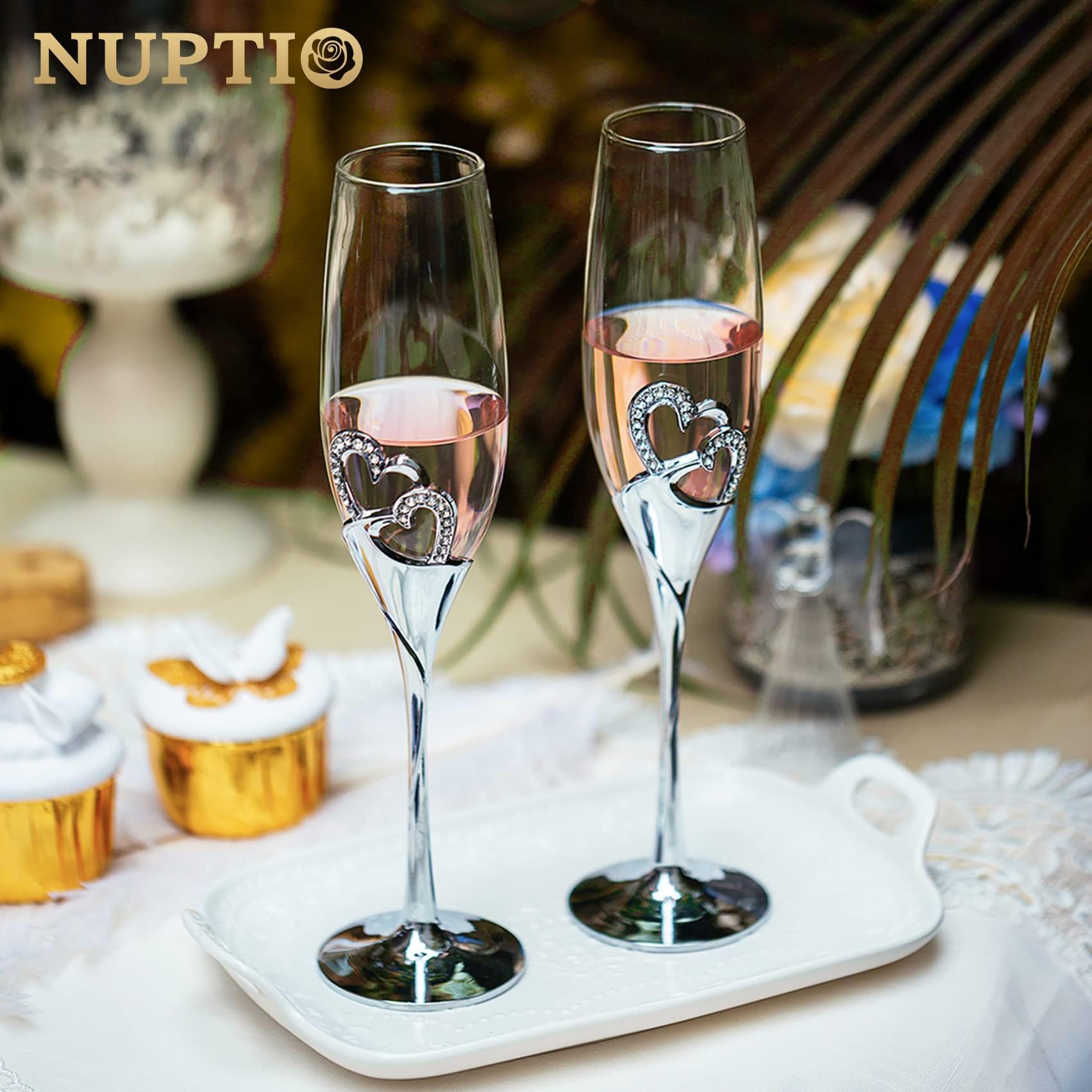 Nuptio Nozze Regalo Argento Bicchieri: Set di 2 Bicchieri Champagne Brindisi Flûte Cristallo Matrimonio Anniversario Feste
