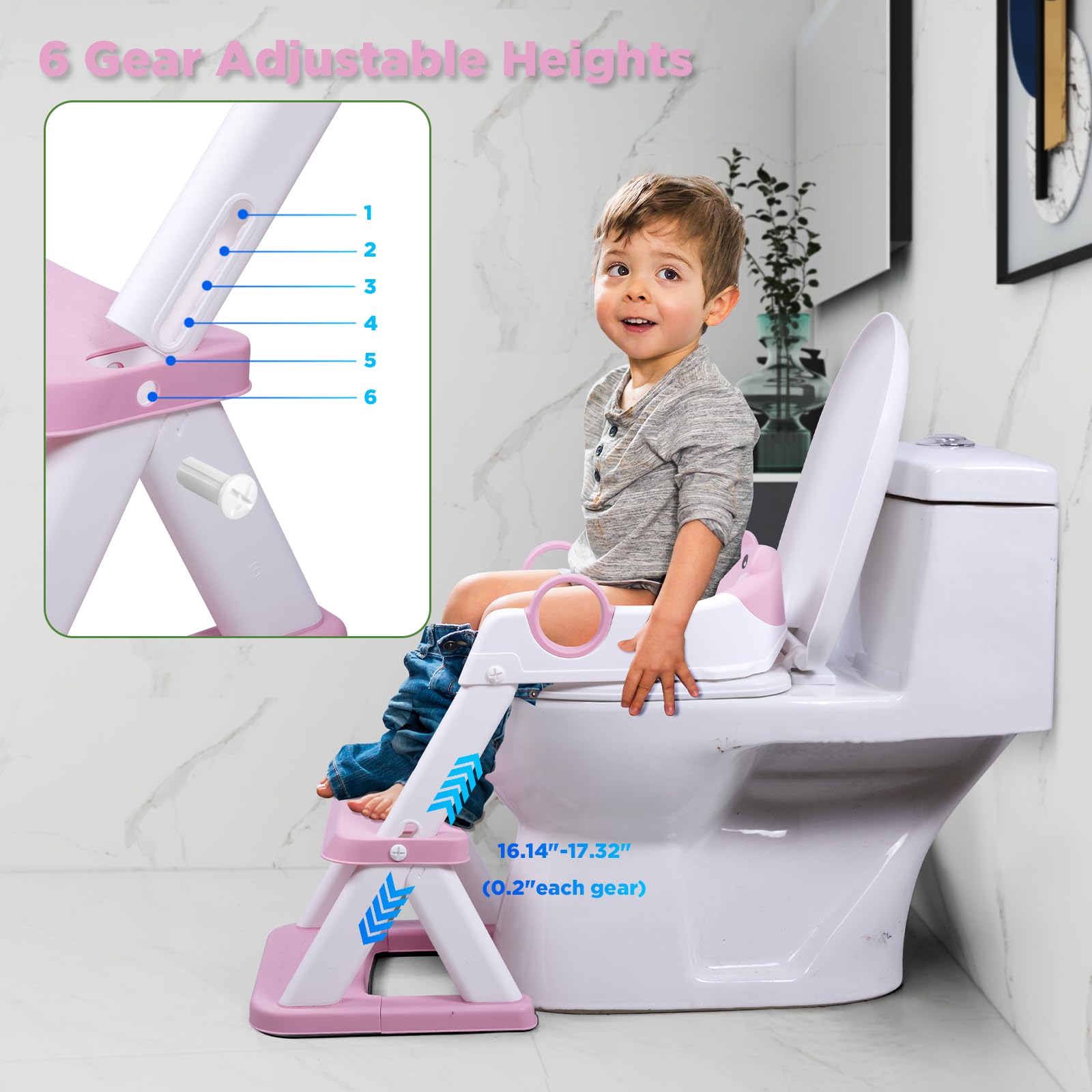 EzyWay Vasino con adesivi, sedile WC per bambini, ragazzi e ragazze, 2 in 1, con paraspruzzi antiscivolo e sgabello (rosa)
