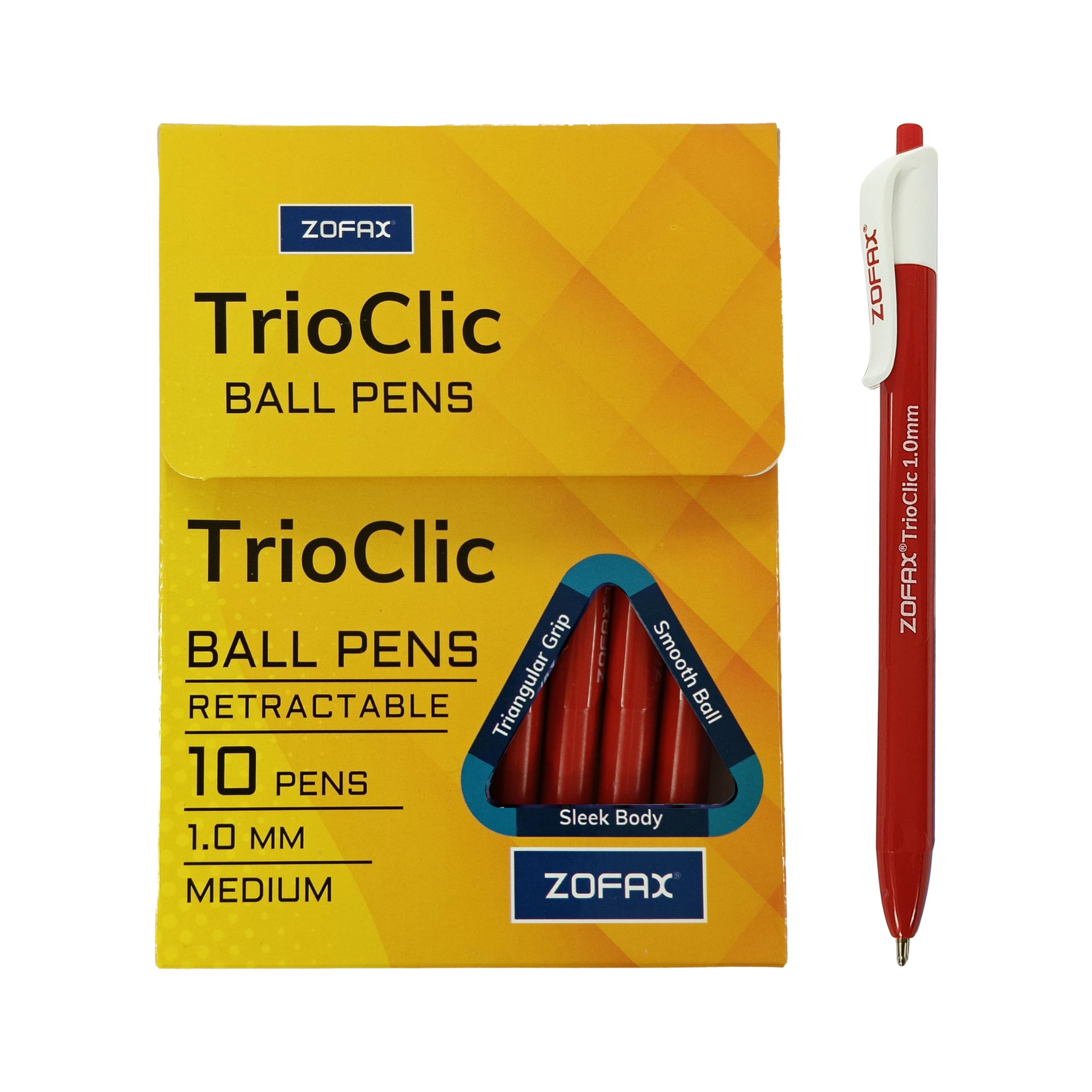 ZOFAX TrioClic Retractable Ballpoint Pens, RED, Medium Point (1.0mm), Pack of 20, Smooth Writing, Triangular Grip, Bulk Pack, Perfect for School Office Home Business Hospital Everyday Use