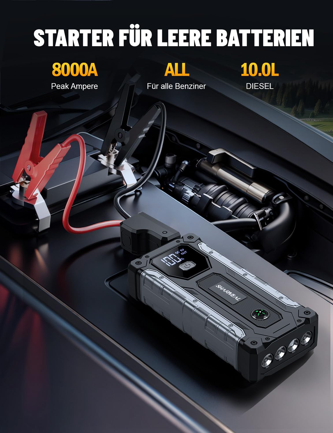 10000A Arrancador de Coche, Arrancador de Baterías de Coche, 12V Arrancador de Portátil con para All Gasolina o 10L Diesel, Clips de Seguridad Inteligentes, Portable Jump Starter con Linterna LED