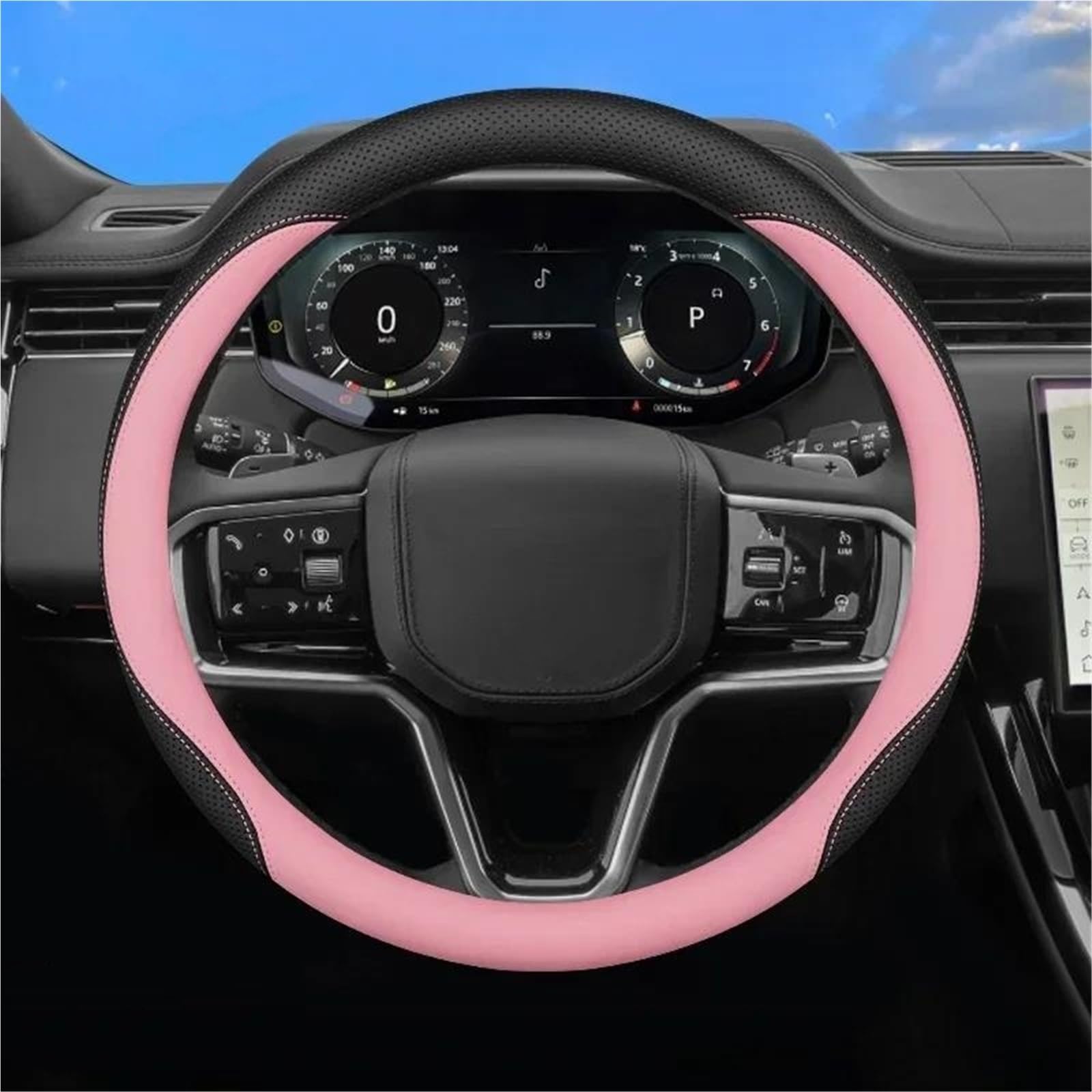 UAGFDFF Leather Steering Wheel Cover Car Steering Wheel Cover Interior Leather For Land For Rover For Range For Rover For Evoque For Velar For Defender For Discovery(Black Pink)