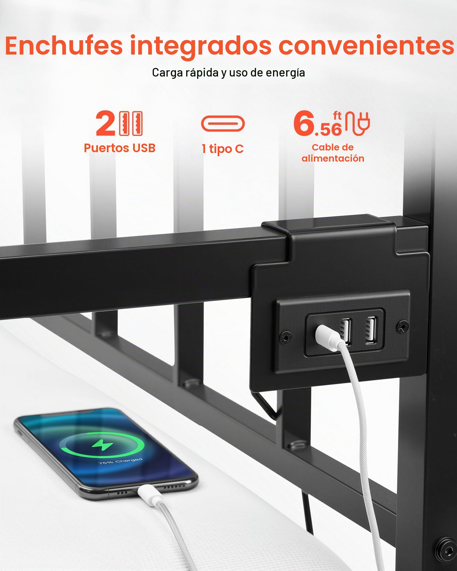 VEVOR Estructura de Sofá Cama de Metal 196x98x96,5 cm Marco de Cama de Día con Estación de Carga LED Carga de 181,44 kg para Apartamento, Sala de Estar, Dormitorio, Habitación de Invitados, Negro