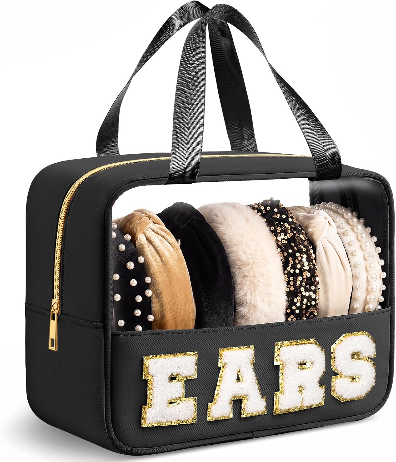 Hillban Mouse Ears Bag with Handle Chenille Letter Ears Holder, Black
