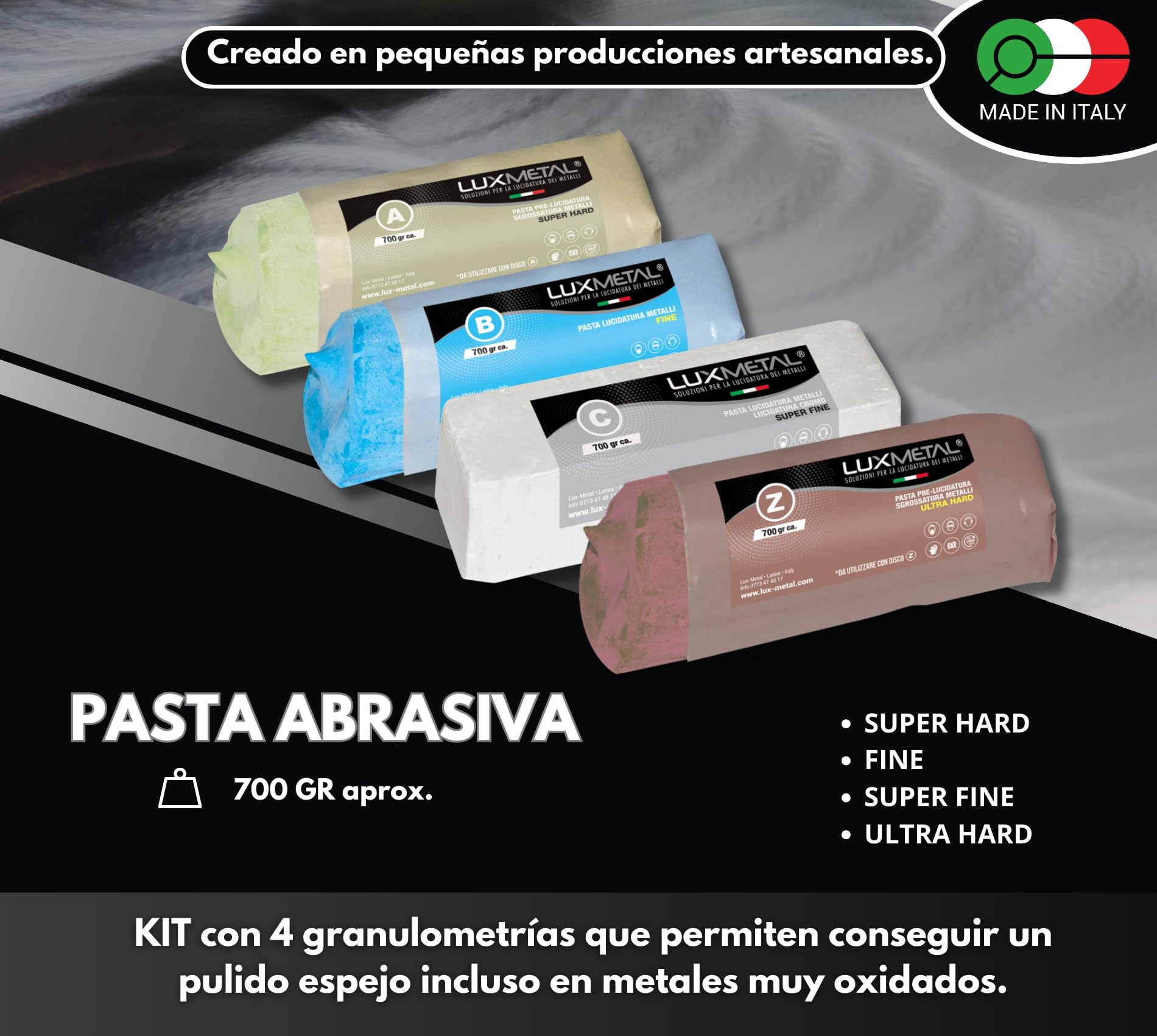 Lux Metal - Kit con 3 discos pulidores de 300 mm y 3 pastas abrasivas pulidoras de 700 gr - Para aluminio, hierro, acero inoxidable, bronce mármol Rueda de pulido para metales muela esmeriladora