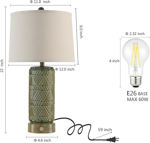 Miniatura 6 de RORIA Juego de 2 lámparas de mesa táctiles retro para sala de estar, dormitorio, lámpara de mesita de noche regulable de 3 vías con 2 puertos USB,