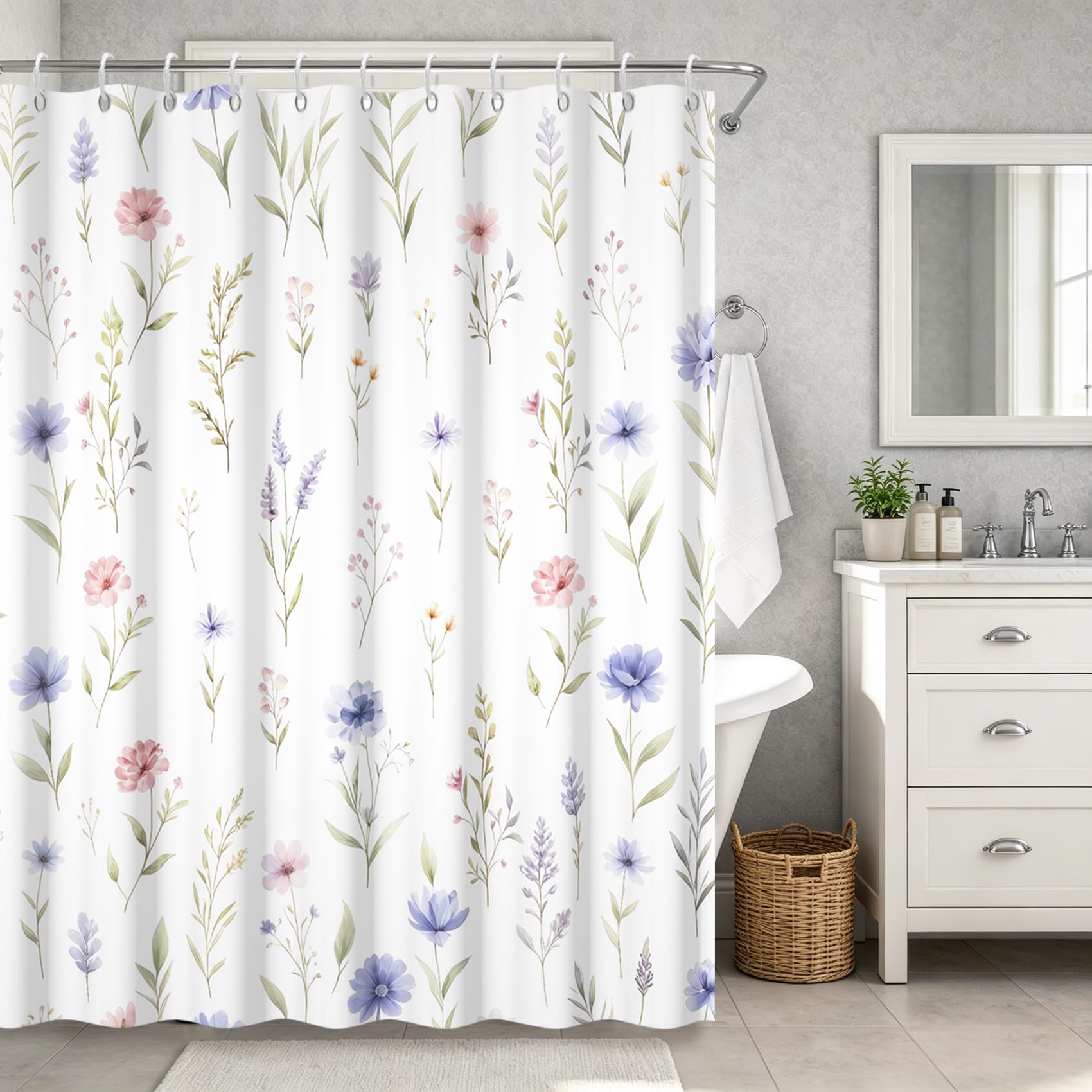 GICDSU Watercolor Wildflower Shower Curtain, Pastel Purple Pink Floral Botanical Plant Fabric Bathroom Shower Curtain with Hooks, Waterproof Decorative Bath Curtain for Bathroom, 72" x 72"