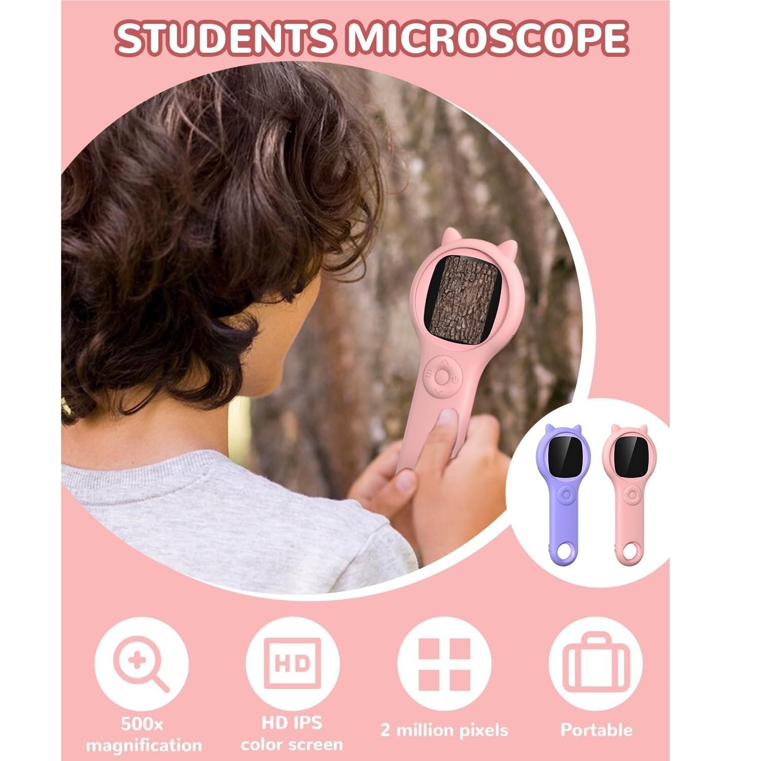 Microscopio digitale for bambini - Microscopio tascabile portatile 1000X con schermo IPS da 2 pollici, kit scientifico portatile con vetrini, ricaricabile tramite USB(Purple)