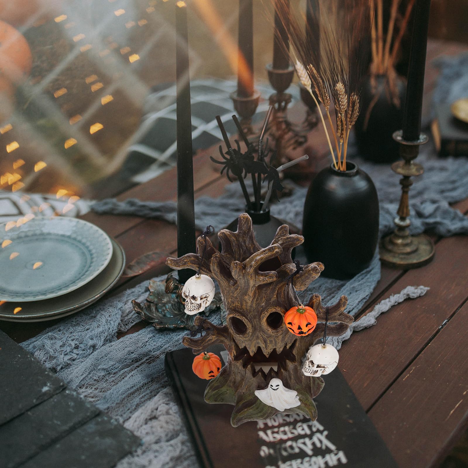 Kichvoe Decorazione di Halloween in Resina Teschio, Zucca e Albero Luminoso, Atmosfera Spettrale la Casa, per Addobbi Festivi Interni e Tavoli
