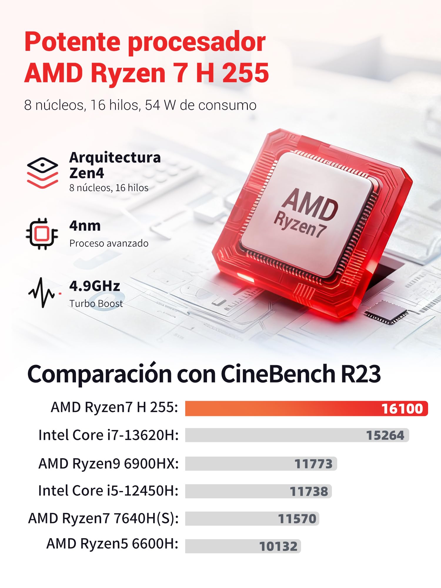 Portátil Gaming 16 Pulgadas, Procesador AMD Ryzen 7 H255 Octa-Core hasta 4,9GHz, 16GB DDR5, 512GB NVMe SSD, Pantalla QHD 2.5K, Potente Portátil para Gaming, Oficina y Estudio - Gris