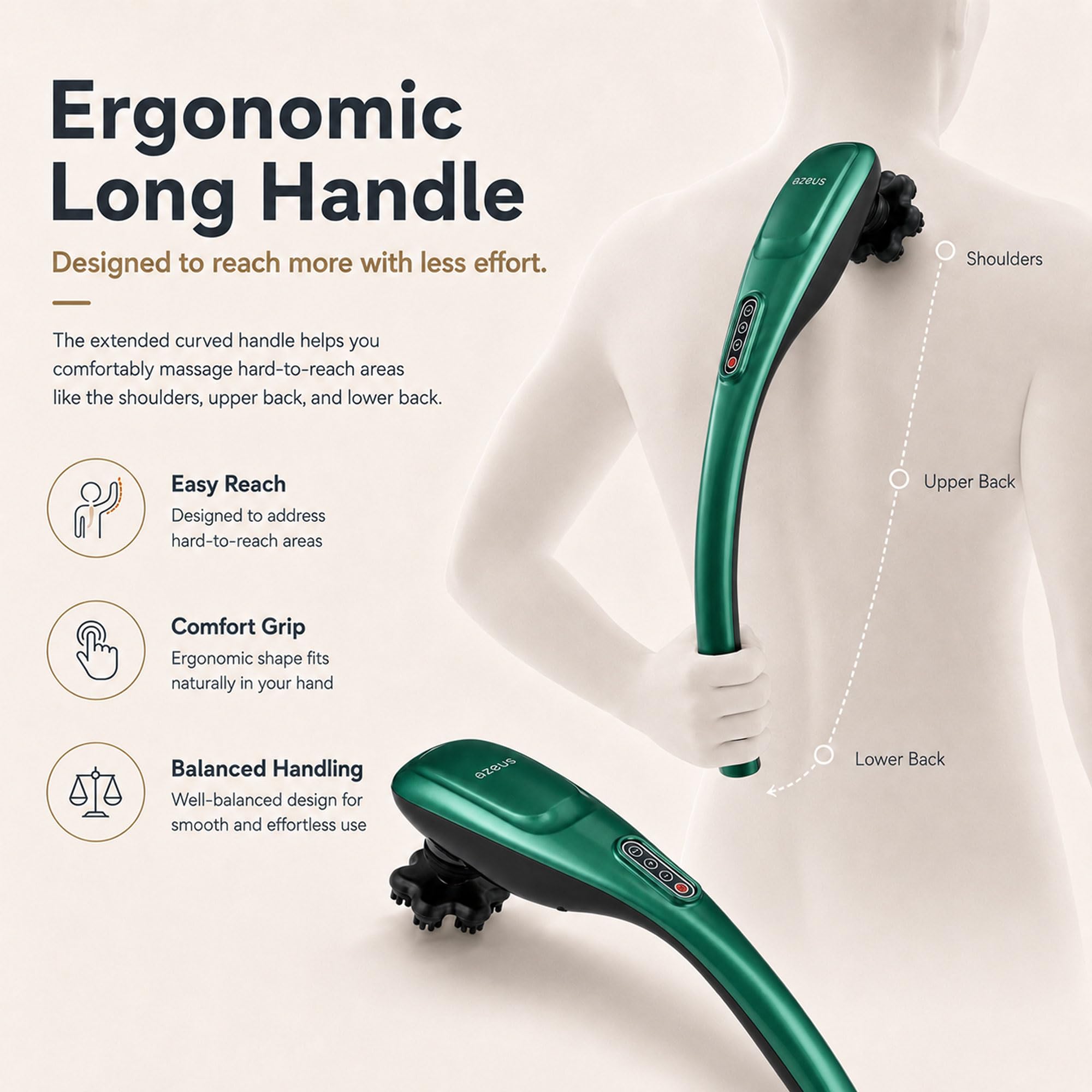 MEGAWISE Massaggiatore manuale per la schiena, il collo, le spalle, la vita e le gambe (cordless, verde scuro)