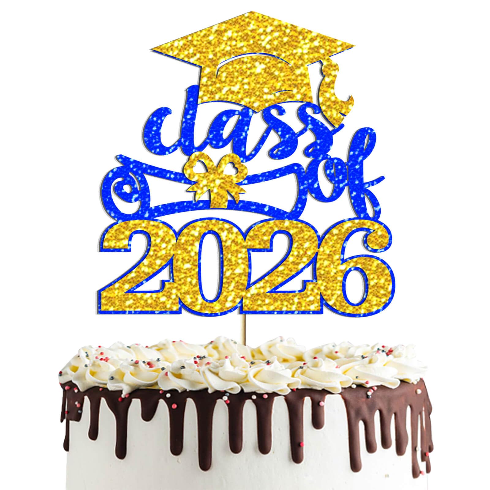 Congrats Class of 2026 Cake Topper - Blue Gold Glitter Congrats Grad Cake Decor for Senior High School/College/University Graduation/So Pround of You/