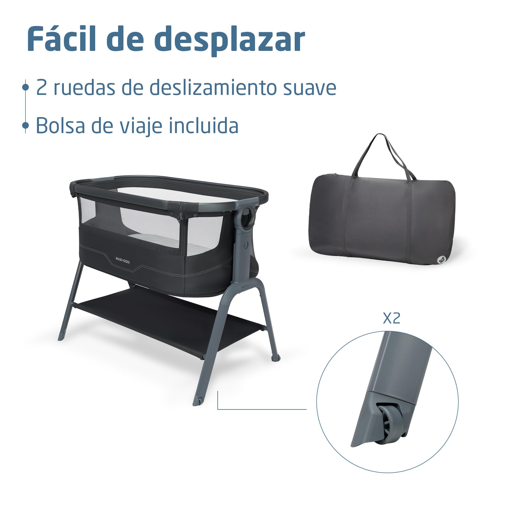 Maxi Cosi Iora² Cuna Colecho, 0-6 Meses (9 kg), Cuna Colecho Bebé Plegable y Ligera, Colchón CloudCore de 5cm, 5 Niveles de Altura, 2 Ruedas con Deslizamiento Suave, Fácil de Mover, Elegance Graphite