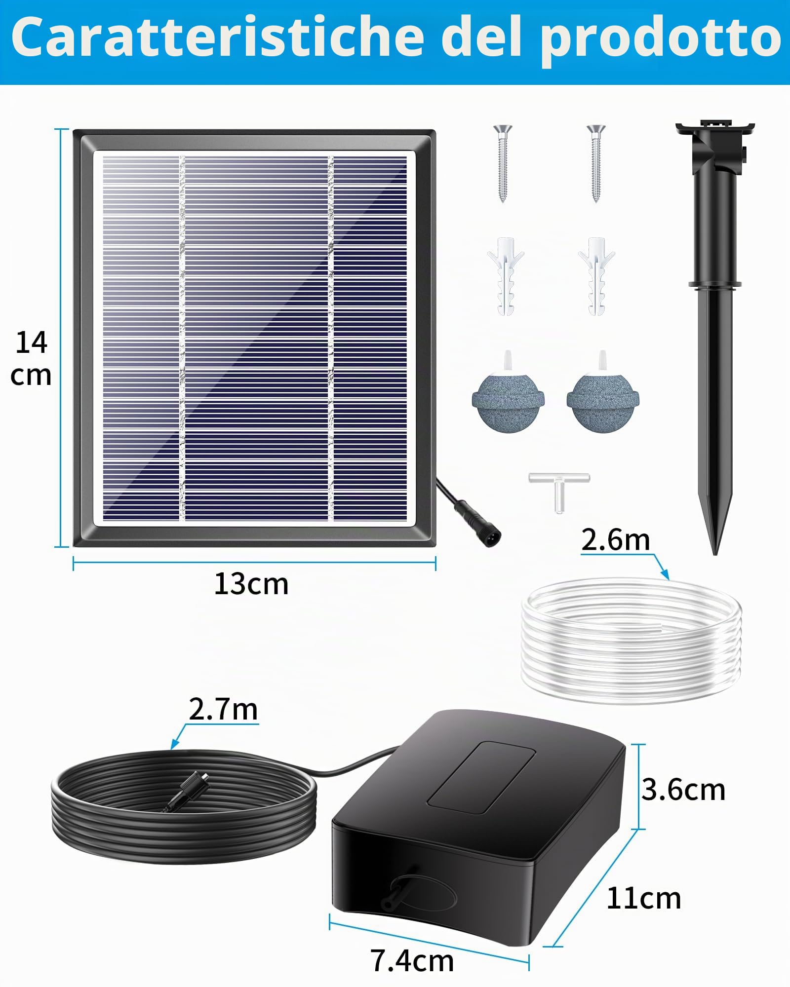Biling Aeratore Solare per Laghetti, 2,5 W Ossigenatore Solare per Laghetto con 2200 mAh Batteria, Pompa ad Aria Solare per Circolazione Ossigenante Aerazione di Acquario, Laghetto da Pesca, Giardino
