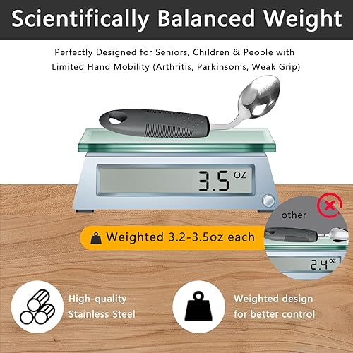 Miniatura 5 de Utensilios adaptativos con peso de 4 piezas, utensilios con peso para temblores de manos, utensilios de Parkinson en ángulo de 45, utensilios