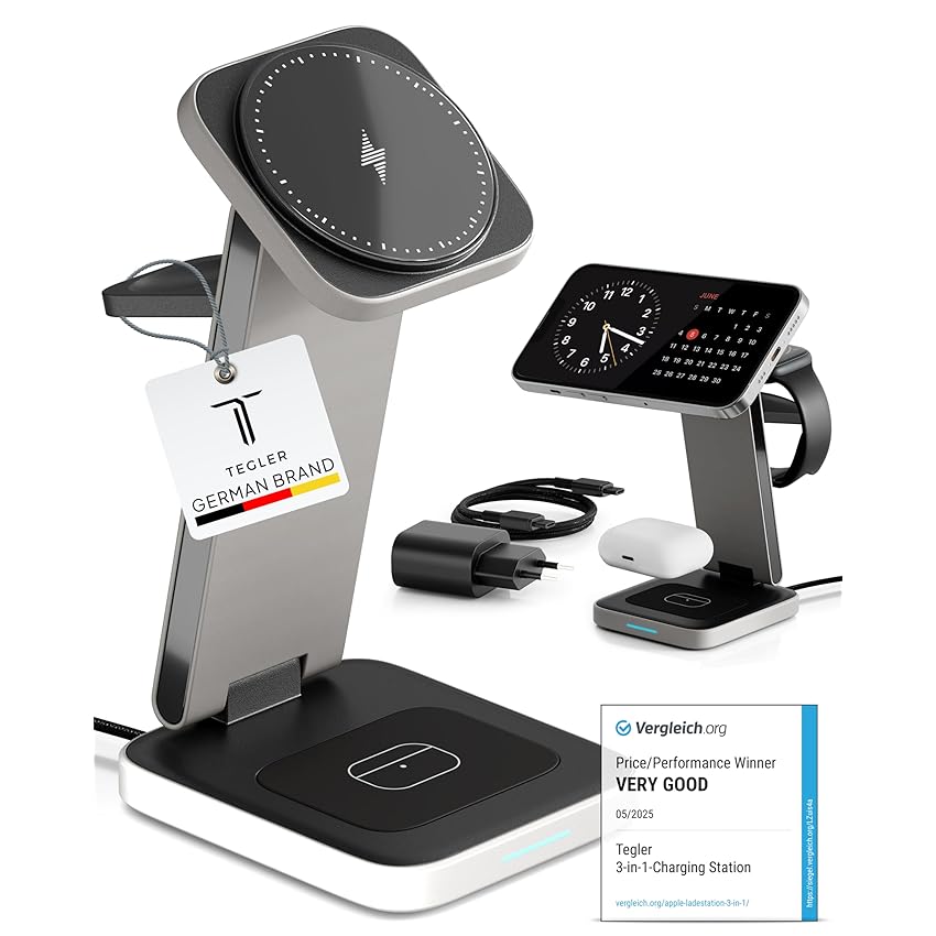 TEGLER Caricatore Wireless iPhone 20W – Stazione di Ricarica Apple 3 in 1 per iPhone, Apple Watch e AirPods – Base Ricarica Pieghevole in Alluminio, Caricatore Rapido MagSafe
