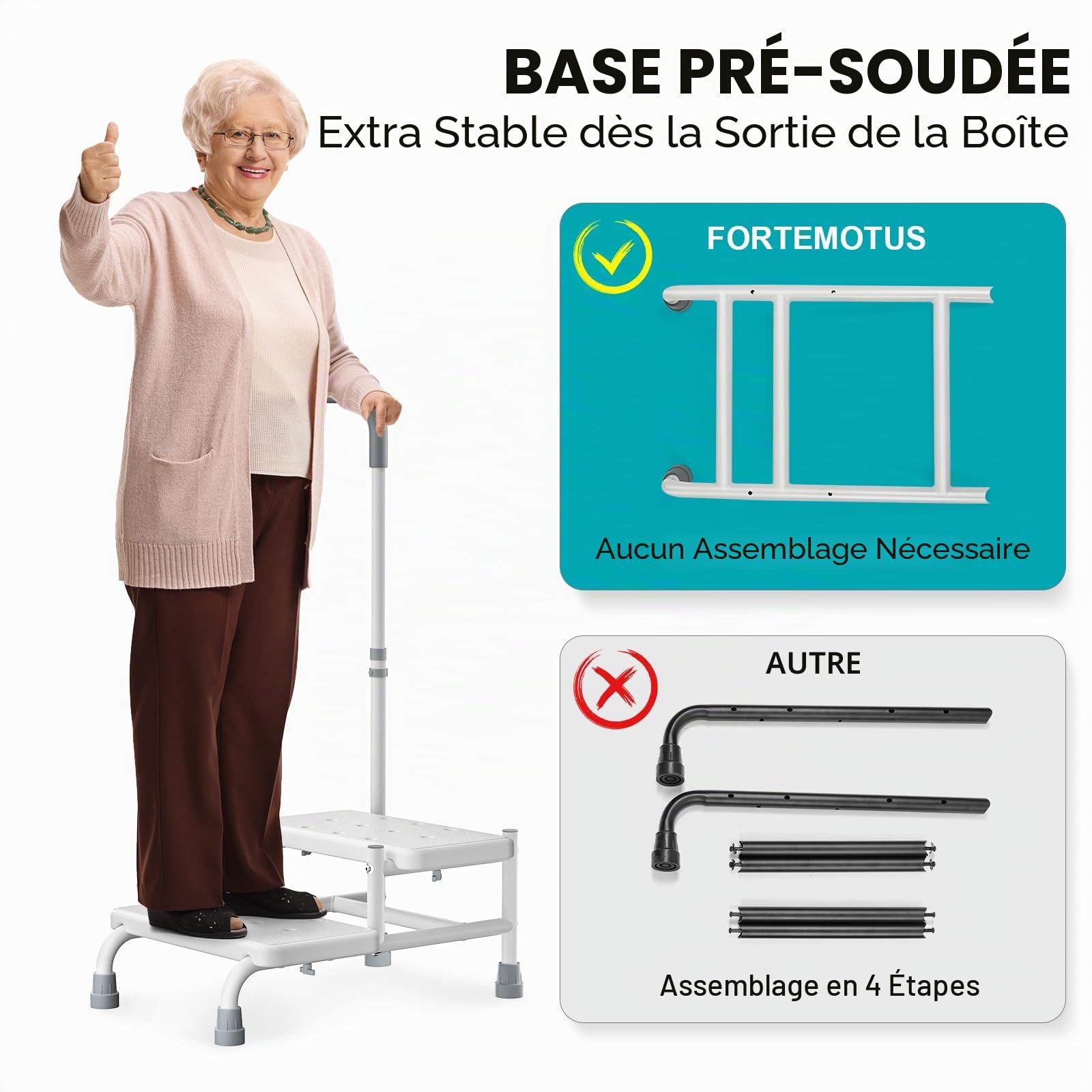FORTEMOTUS Aide à l'entrée pour Douche Bain - Marche de Baignoire avec Poignée Maintien et 2 Marches, Escalier pour Terrasse, Barre d'appui Baignoire pour Personnes âgées, Jusqu'à 200 kg, Blanc