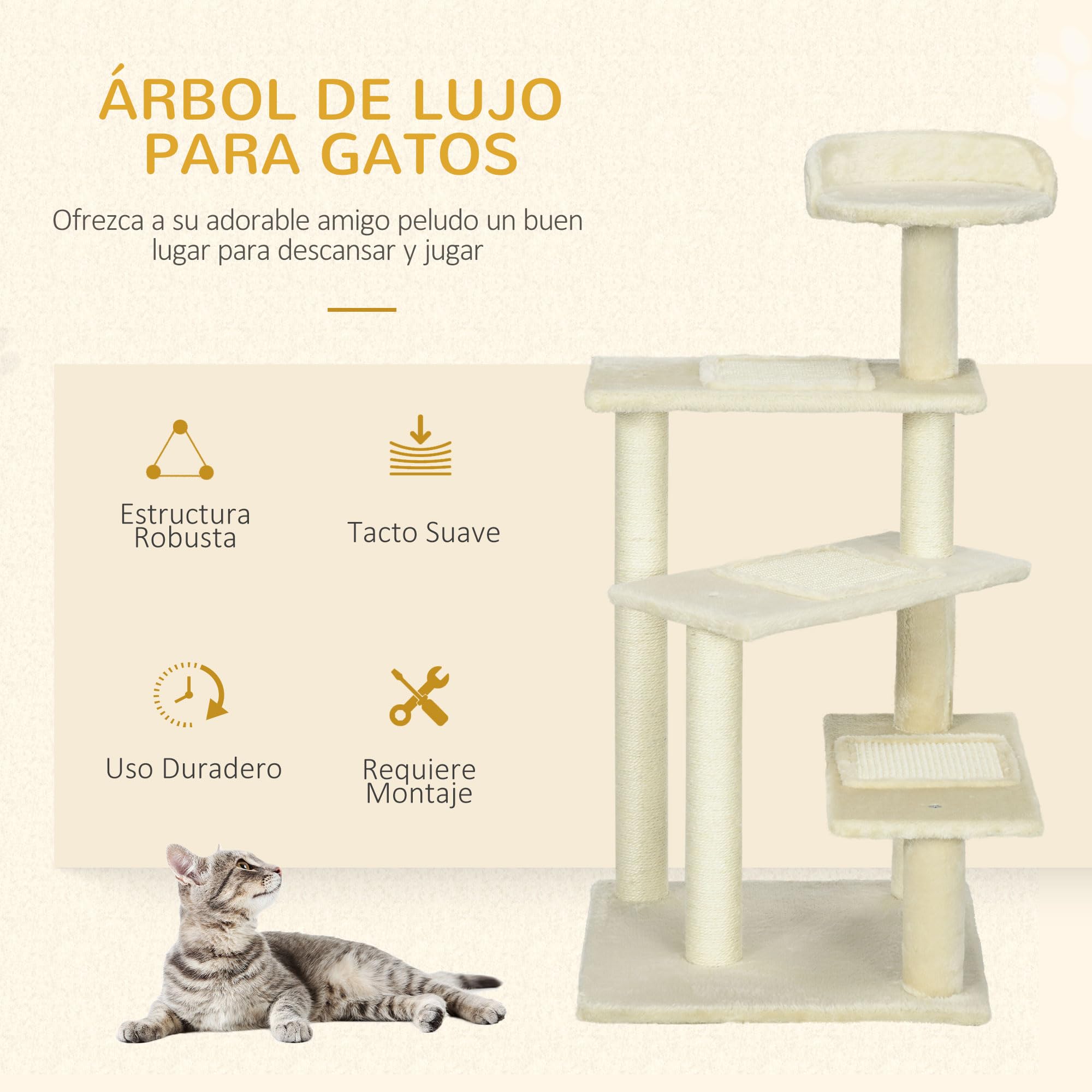 PawHut Árbol para Gato Rascador Poste para Arañar con Cama Plataforma con Manta de Sisal 50x50x100cm Terciopelo Beige | Grande, para Arañar, Cama, Manta de Sisal, Terciopelo