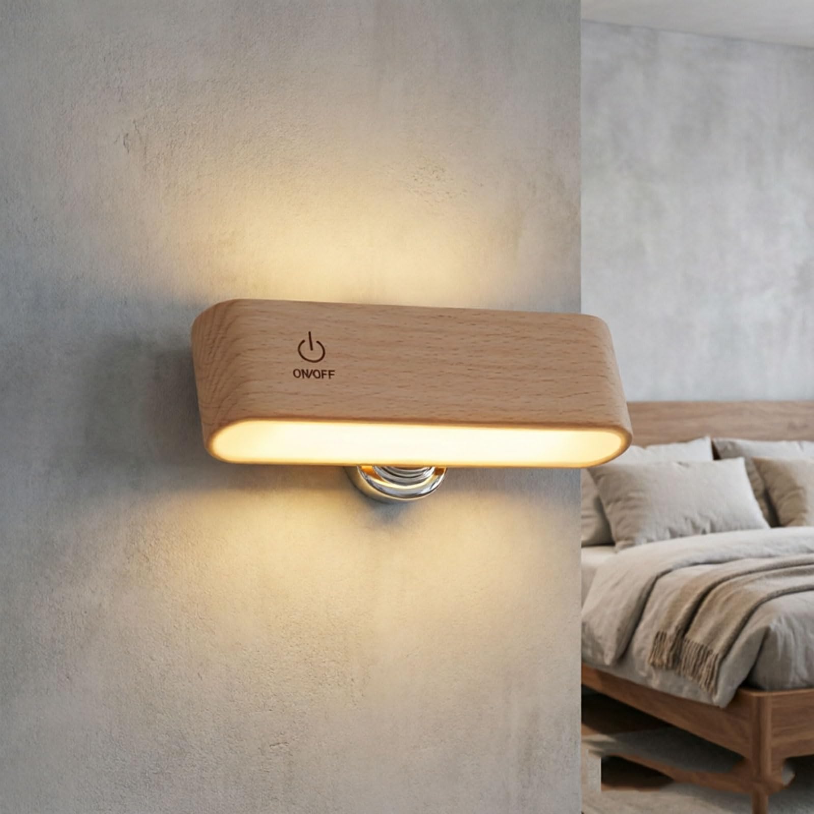 Luce notturna in legno con luce delicata, perfetta per la lettura sul comodino e una comoda luce notturna