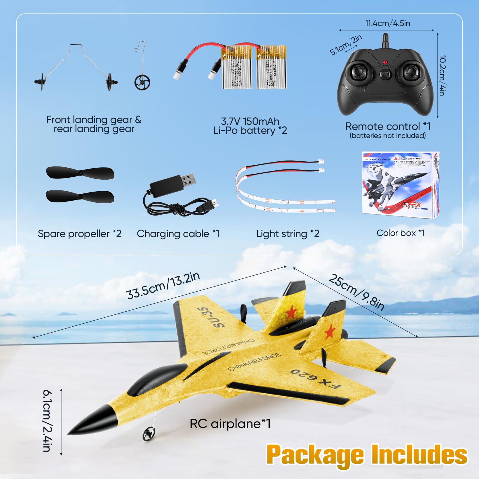 Aereo RC 2,4 GHz, Aereo Telecomandato con Giroscopio a 3 Assi, Aereo da Combattimento in Schiuma 2 Canali con 2 Batterie e Luci LED, Facile da Pilotare per Principianti Bambini Adulti, Giallo