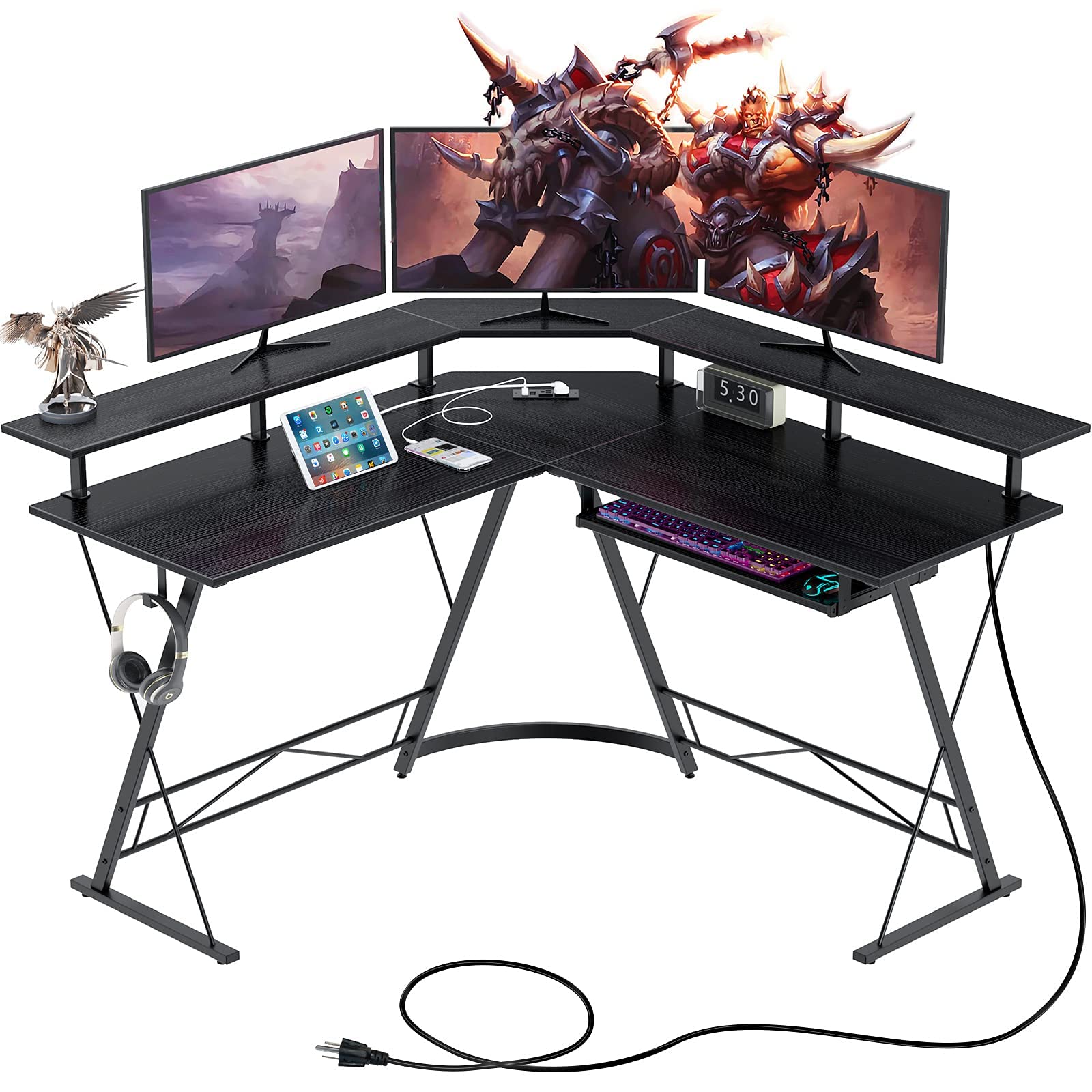 Rolanstar Computer Desk L Shaped with Power Outlet, 54” L Shaped Gaming