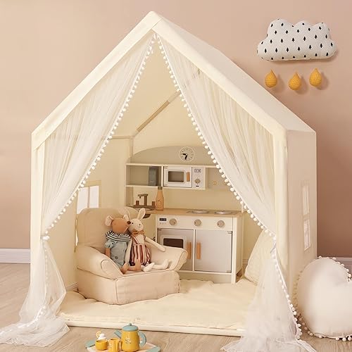 Monobeach Tienda de campaña para niños, color beige, con cortina de malla larga, casa de juegos grande para interiores y exteriores, castillo de