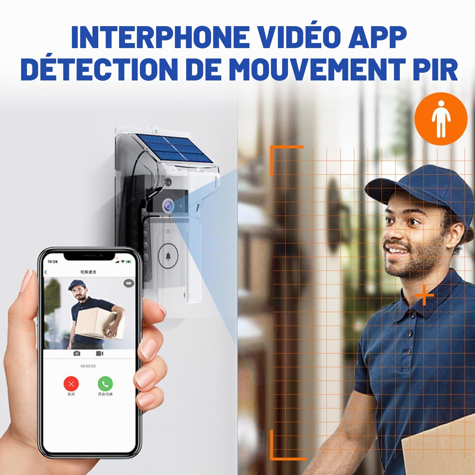 Sonnette de porte sans fil Wi-Fi avec caméra, sonnette vidéo solaire rechargeable, vision nocturne infrarouge, détection de mouvement PIR, interphone bidirectionnel mains libres, sonnette