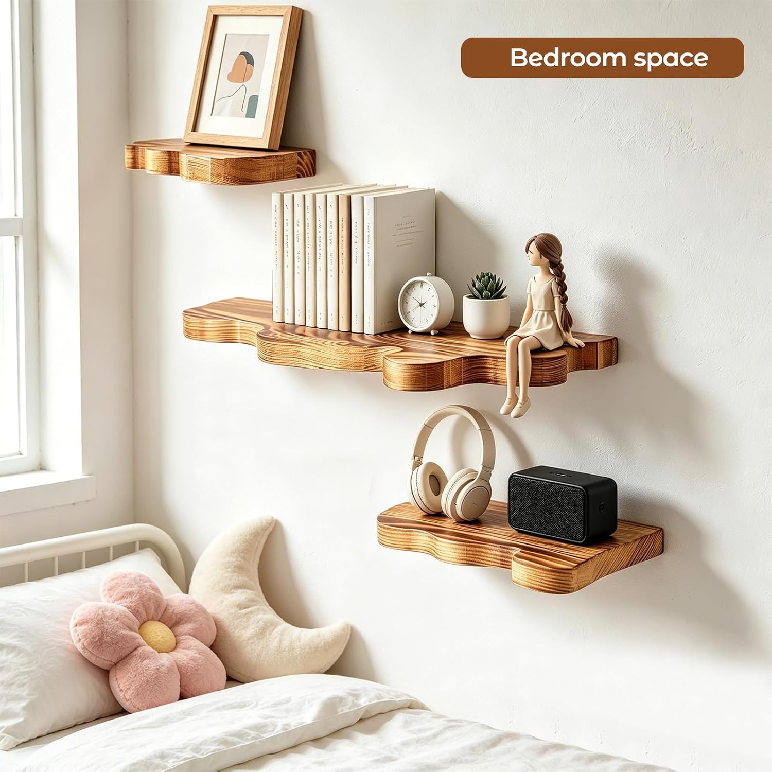 Live Edge Floating Shelf, Unique Floating Shelves, Set of 3 | Cloud Shape, Solid Pine, Wall Mounted Shelf for Kitchen Living Room Bedroom Bathroom