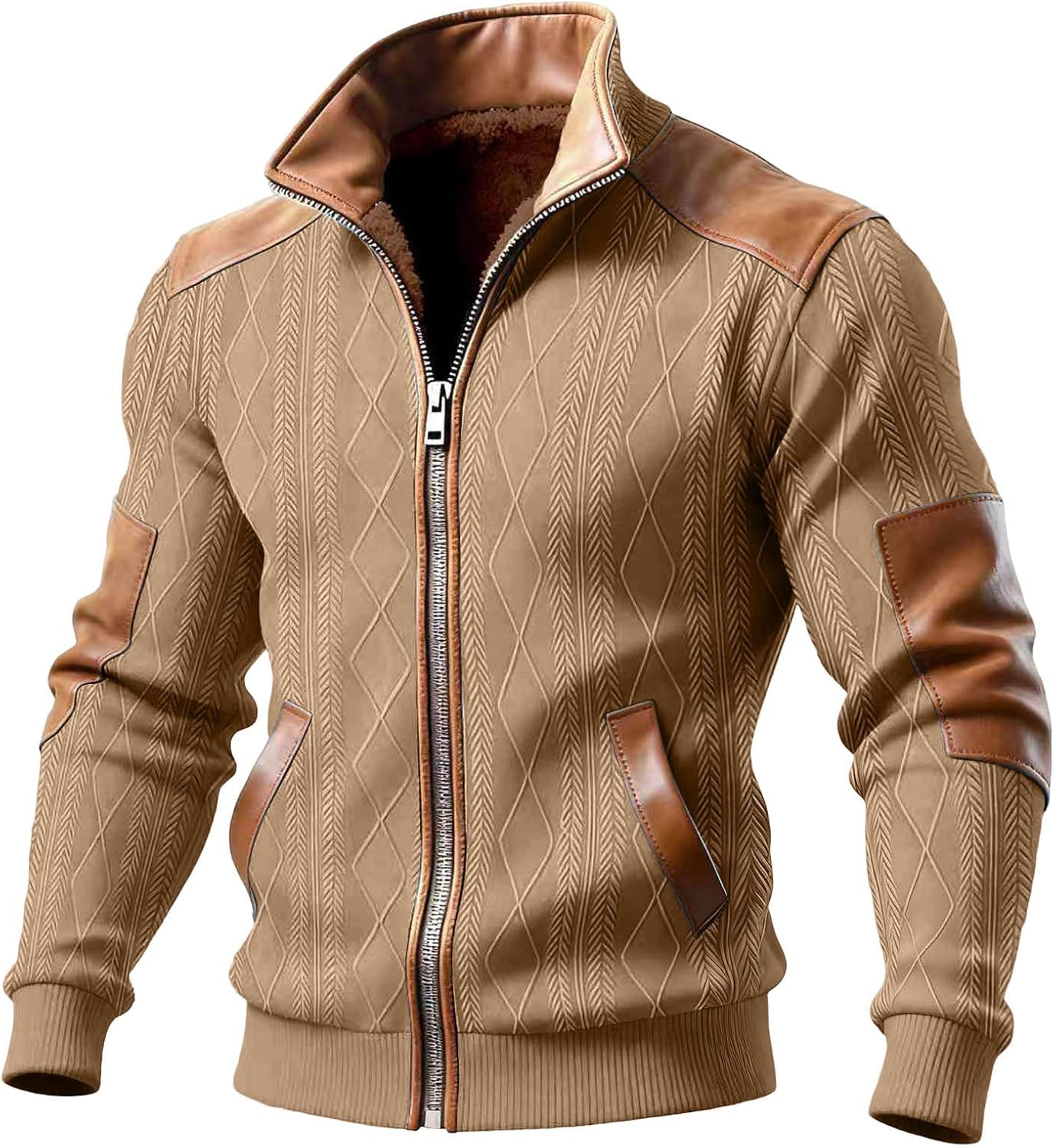 Fleece Jacket Men Jacquard Textured Full Zip Bomber Jackets Patchwork Stand Collar Color Block Coat for Casual Wear