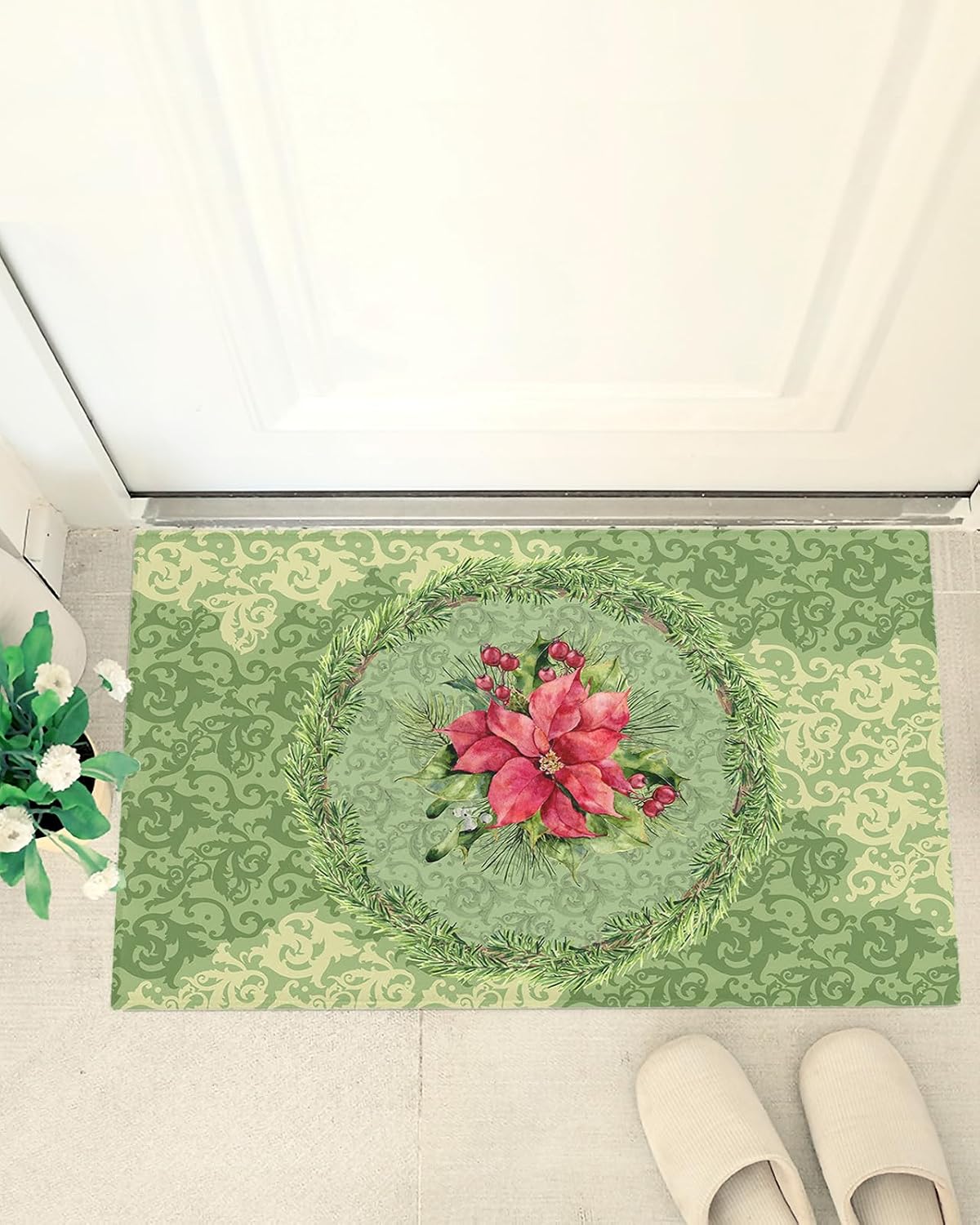 Christmas Poinsettia Flower Plush Shag Bath Rugs Green Pine Needles Wreath Soft Fluffy Floor Doormat Carpet,Non-Slip Door Mats for Living Room Bedroom Kitchen Entryway Ornate Texture