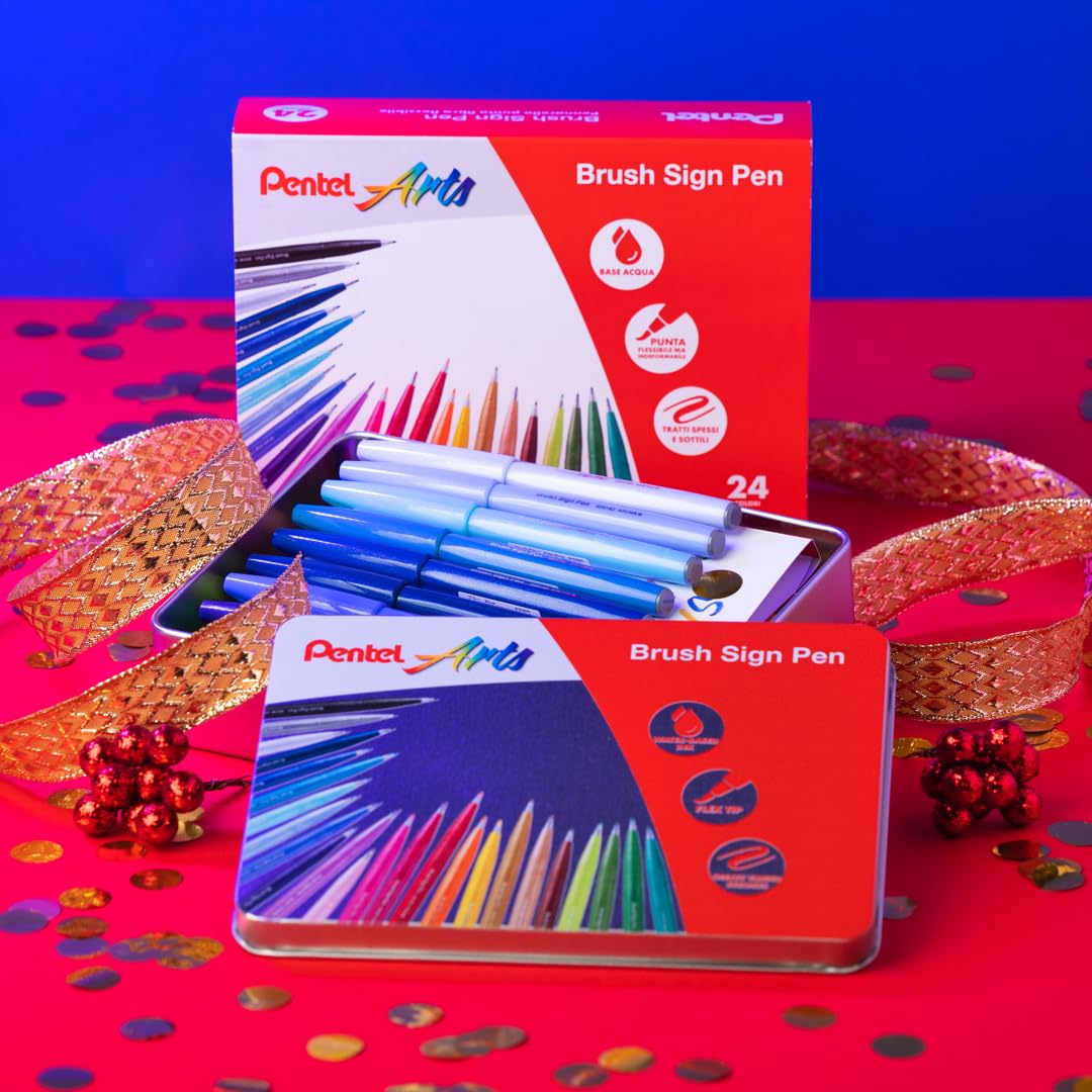 Pentel SES15C Brush Sign Pen Geschenkbox aus Metall mit 24 Farben