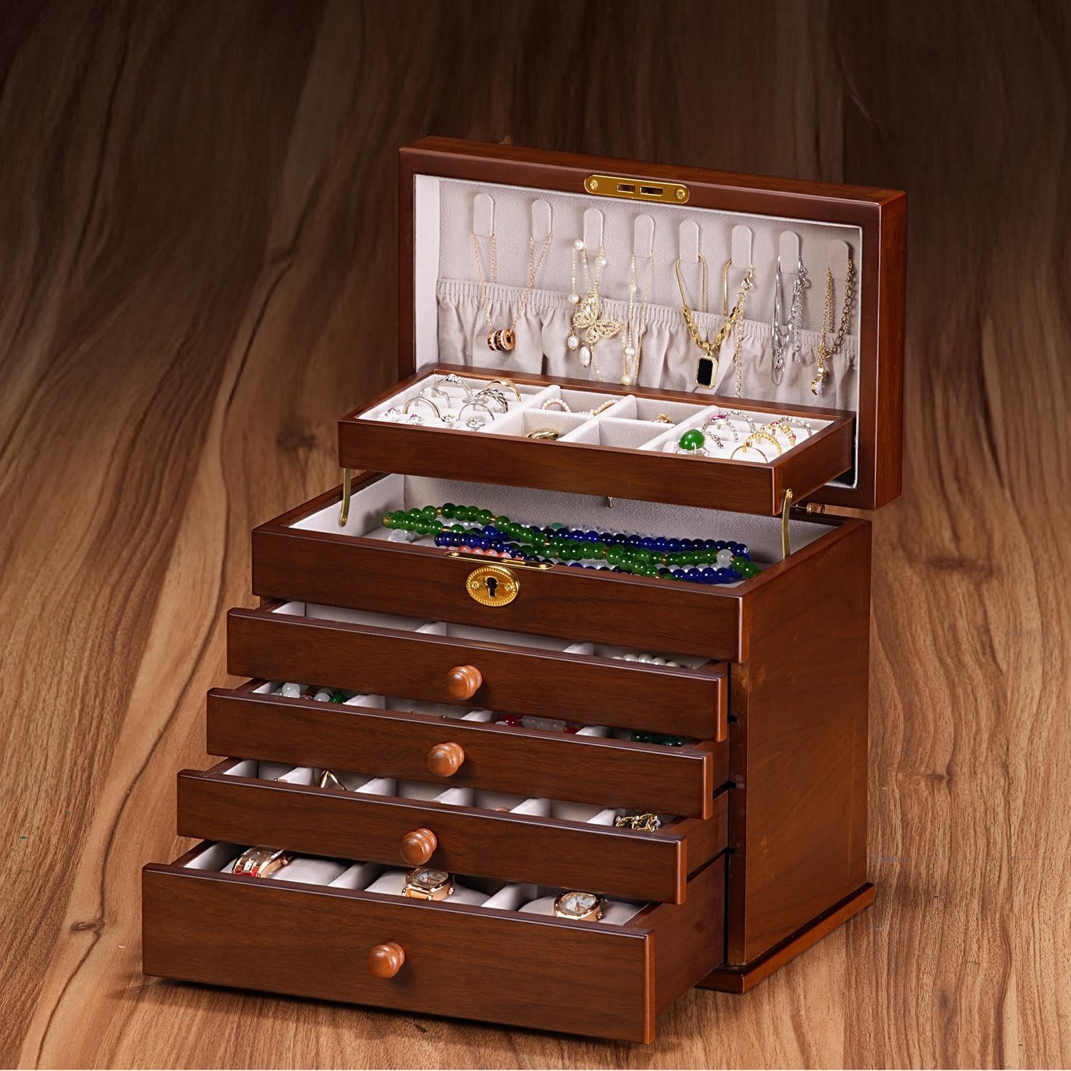 Vintage Wooden Jewelry Box with Dual Key Lock, Carved Top, Necklace Hooks – Antique Jewelry Organizer for Dresser Tabletop, Jewelry Storage Boxes for Women - Image 8