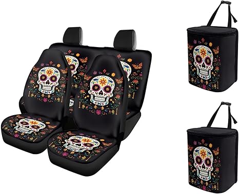 Funnydude Sugar Skull Print Car Seat Cover Full Set Car Accessories Thin Breathable Seat Cover with Trash Can