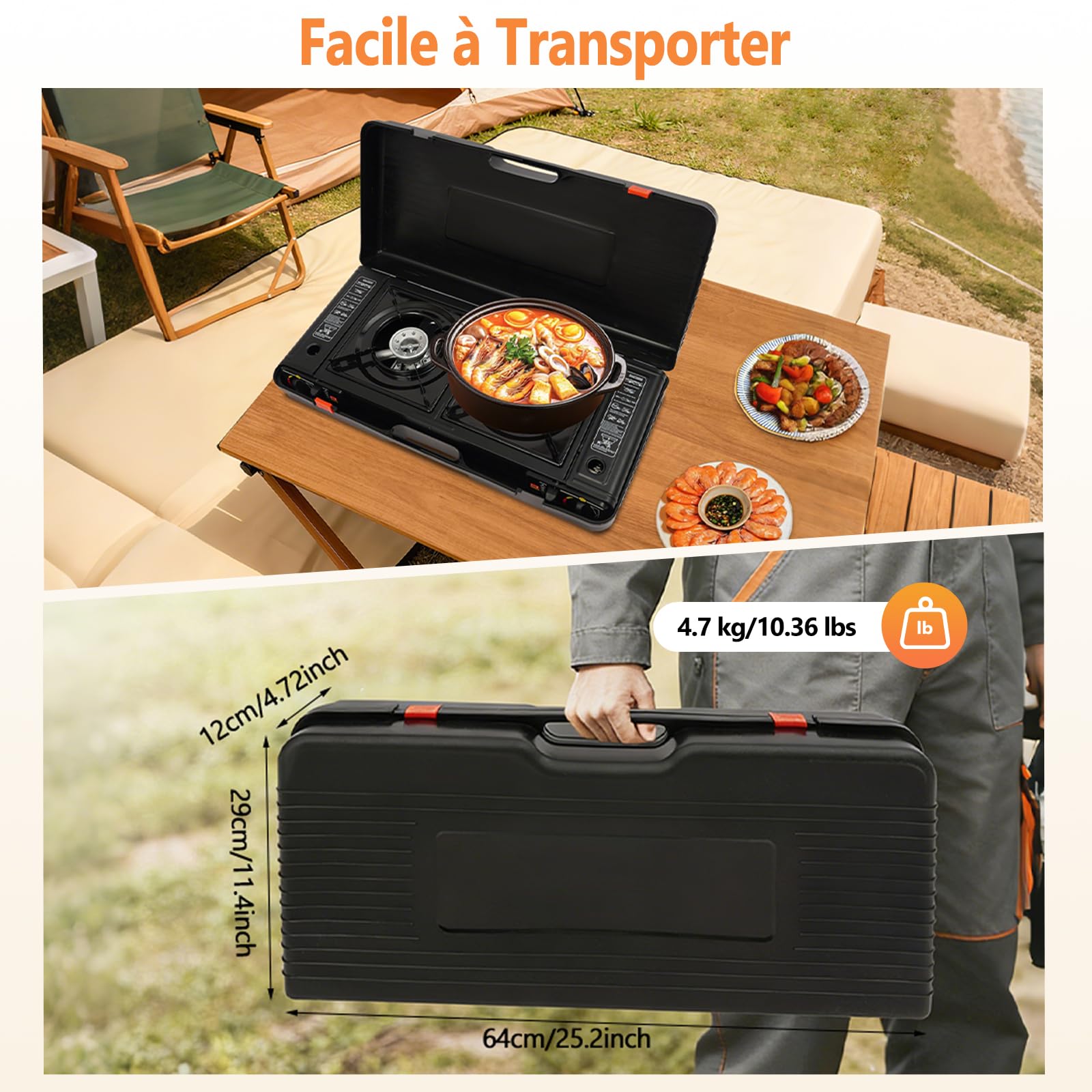 Réchaud à gaz portable 2 feux avec plateau barbecue et mallette de rangement pour camping