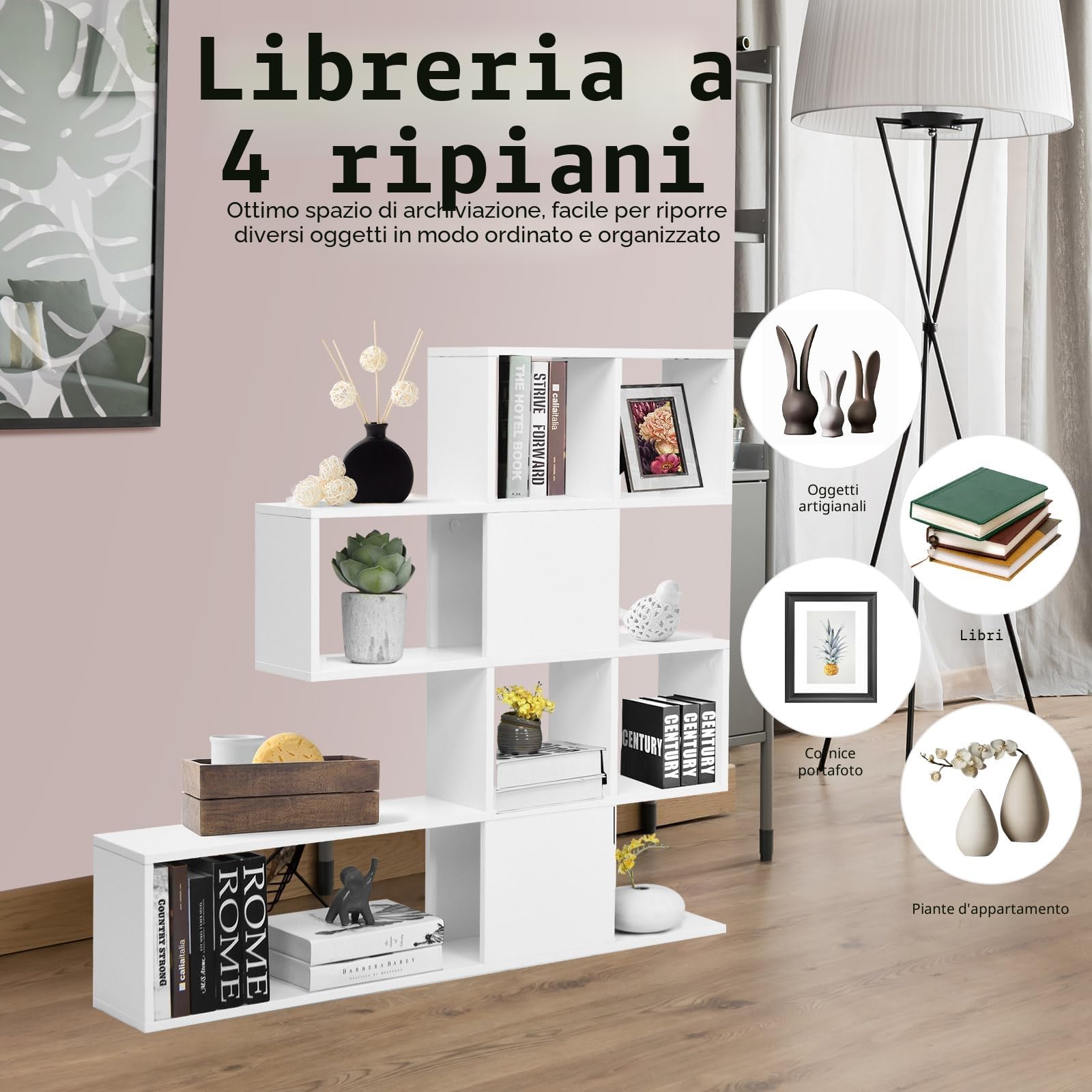 HOMASIS Libreria Scaffale a Forma di Mossa con 4 Livelli, Libreria Moderna Design in Legno, Divisorio Bifacciale Verticale per Soggiorno, Libreria Bianca a Forma di Scala, 120x19,5x109cm (Bianco)