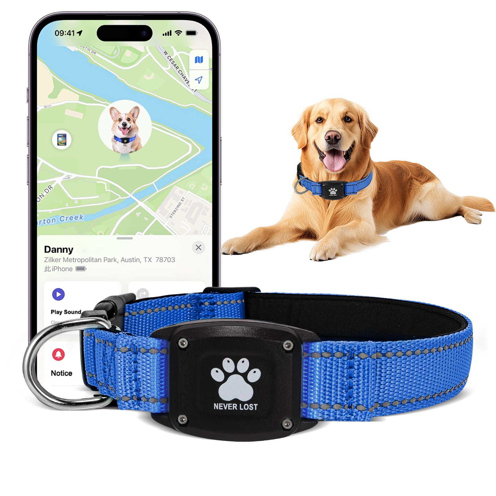 Myiwb GPS Dog Collar Tracker 2-in-1,Reflective Waterproof Pet Collar,iOS-Only,No Monthly Fees,Unlimited Range,Ideal for Dog Tracking pet Tracker,for Small Medium Large Dogs(M (15"-20.5"), Blue)