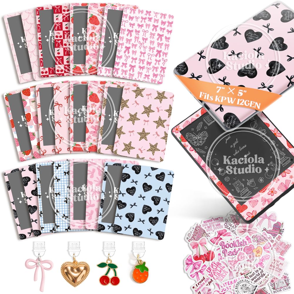 KACIOLA STUDIO 24PCS Pink Bow Skin for E-Reader, and 4PCS Type C Charms for E-Reader with Scrapbook Stickers, 7"x5" Skin Front and Back Decal Inserts for Paper White 12th (Pink Bow)