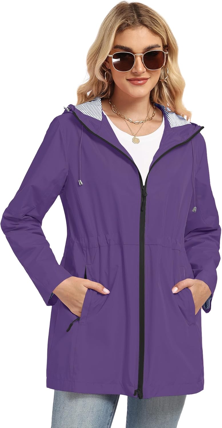 TCOT Rain Jacket Women Lined Raincoat Waterproof Windbreaker Jackets Hooded Raincoats Long Trench Coat - Image 6