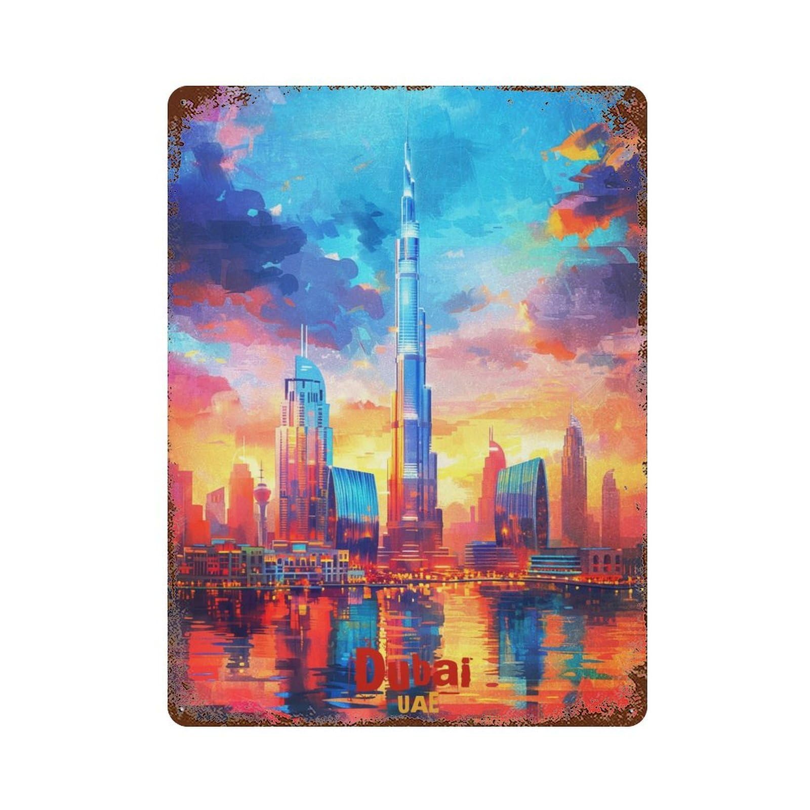 Rust Effect Dubai Art Rusty Metal Tin Sign 15.7"x11.8", Old School Wall Decor for Basement, Hobby Room And Garage Decor