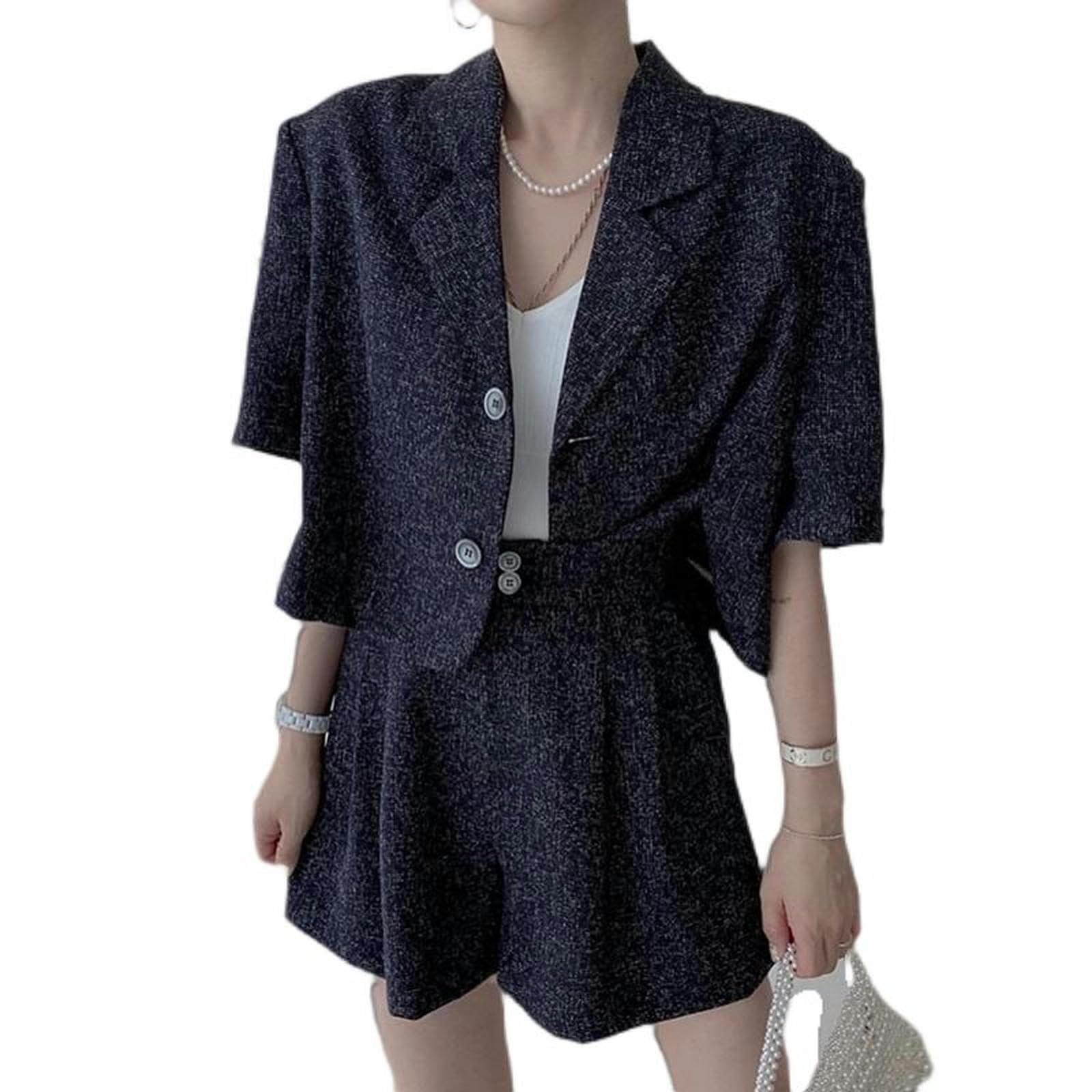 Sommer-Temperament-Kurzjacke mit Anzugkragen + hoch taillierte, vielseitige Zwei-Knopf-Shorts mit weitem Bein – graue Aprikosenjacke – S