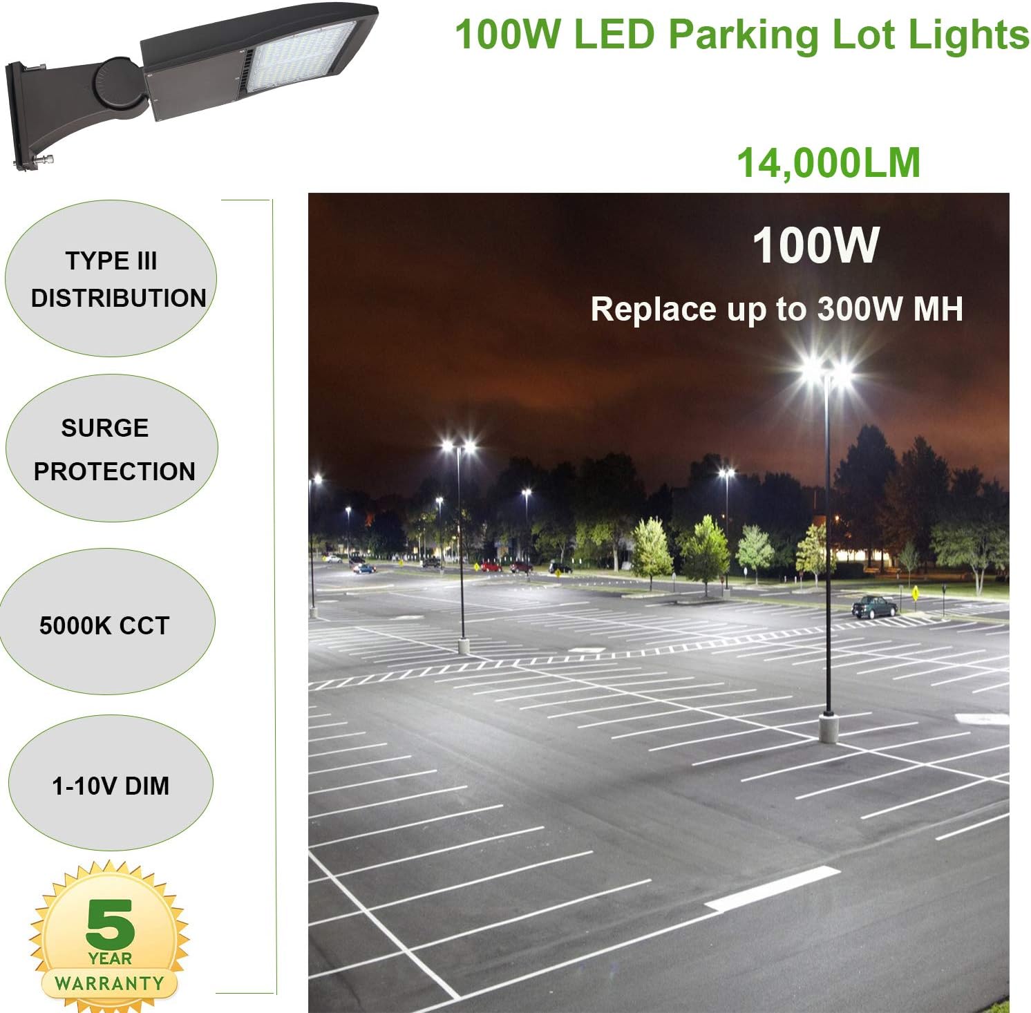 Nеw Dеаl LED Parking Lot Shoebox Light 100W, Surge Protection Built-in LED Pole Area Lights, 5000K Daylight, 1-10V Dimmable Commercial Street Security Light, Direct Arms Mount, DLC UL Approved