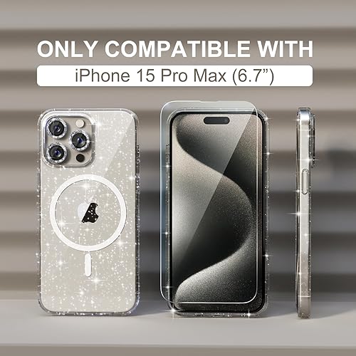 Miniatura 2 de Choiche Funda magnética para iPhone 15 Pro Max, funda transparente con purpurina brillante para mujer, 3 protectores de lente de cámara de diamante