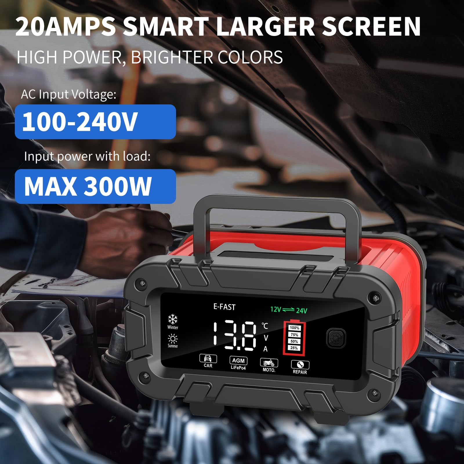 Cargador de batería de coche de 20 amperios, 12 V/24 V Lifepo4 de ácido de plomo mejorado cargador de batería inteligente para automóvil, mantenedor de batería para baterías AGM, motocicleta