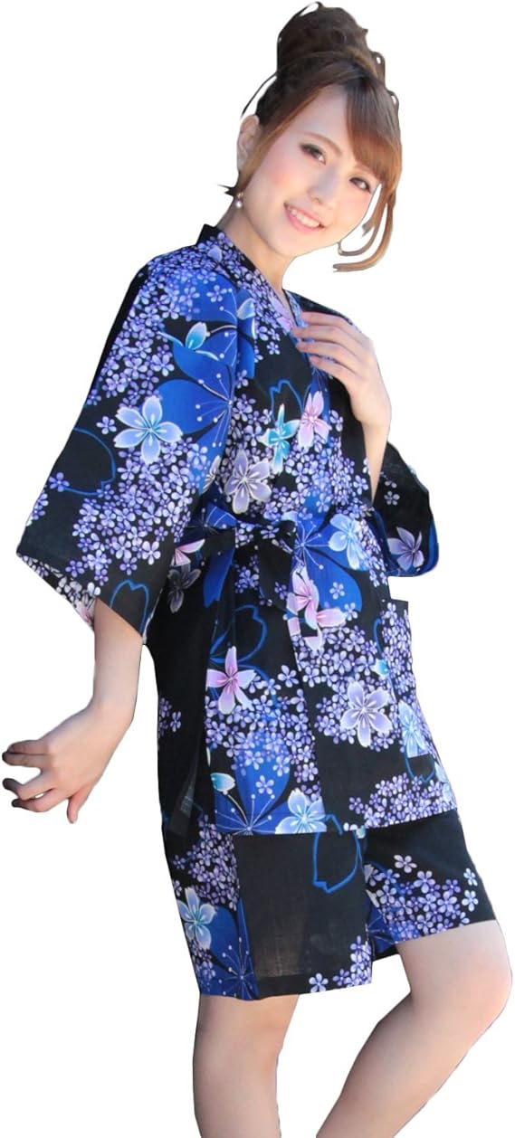 Amazon 黒地に紫小花と青桜 変わり織り女物甚平上下2点セット レディース 女性 甚平 Ladies Jinbei Ladies 甚平 通販