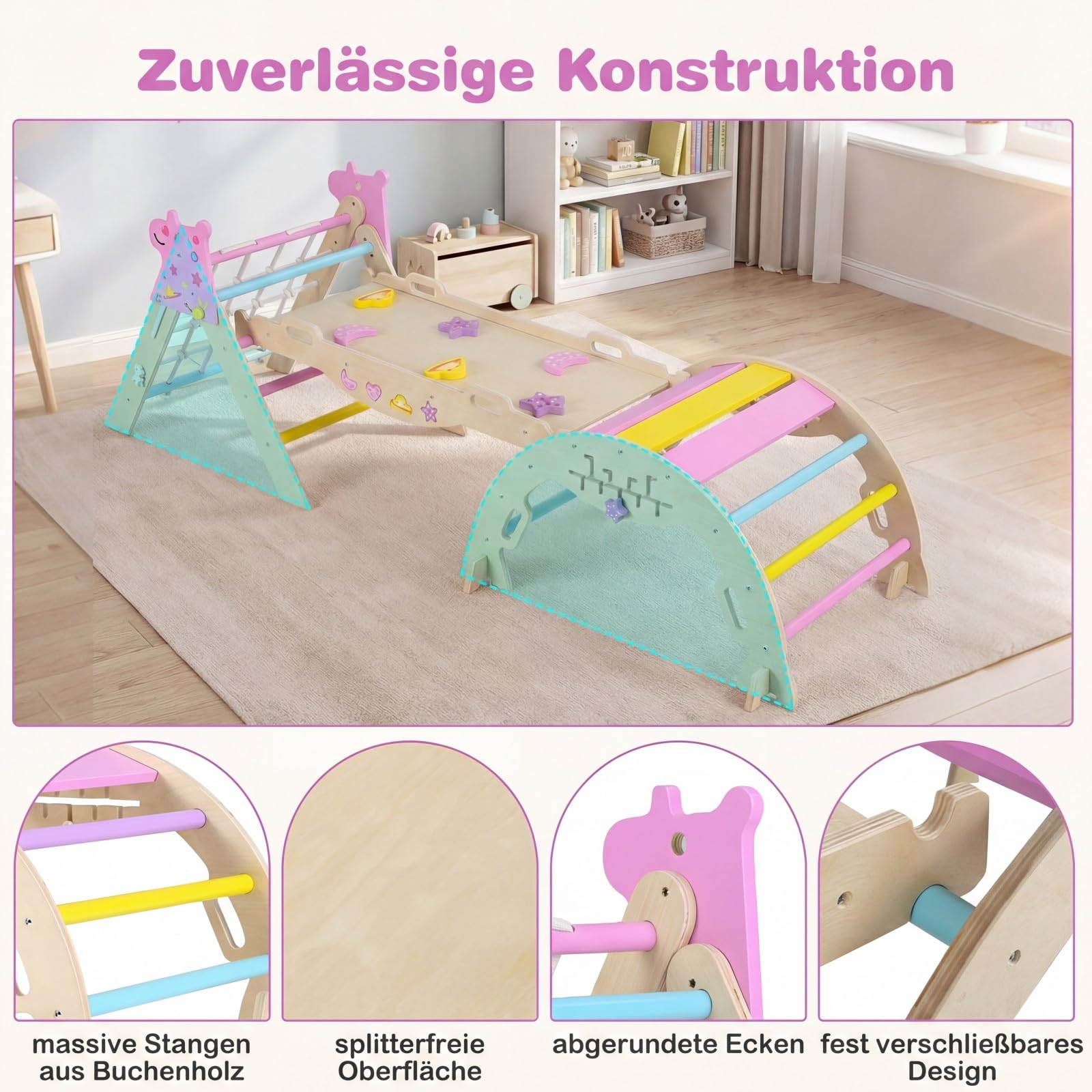 GOPLUS 8-in-1 Klettergerüst Indoor, Kletterdreieck Holz, 4er Set Kletterspielzeug mit Kletternetz, Kletterbogen, Wippe & Leiter, inkl. doppelseitige Rampe & Baustein Set, Sprossendreieck für Kinder